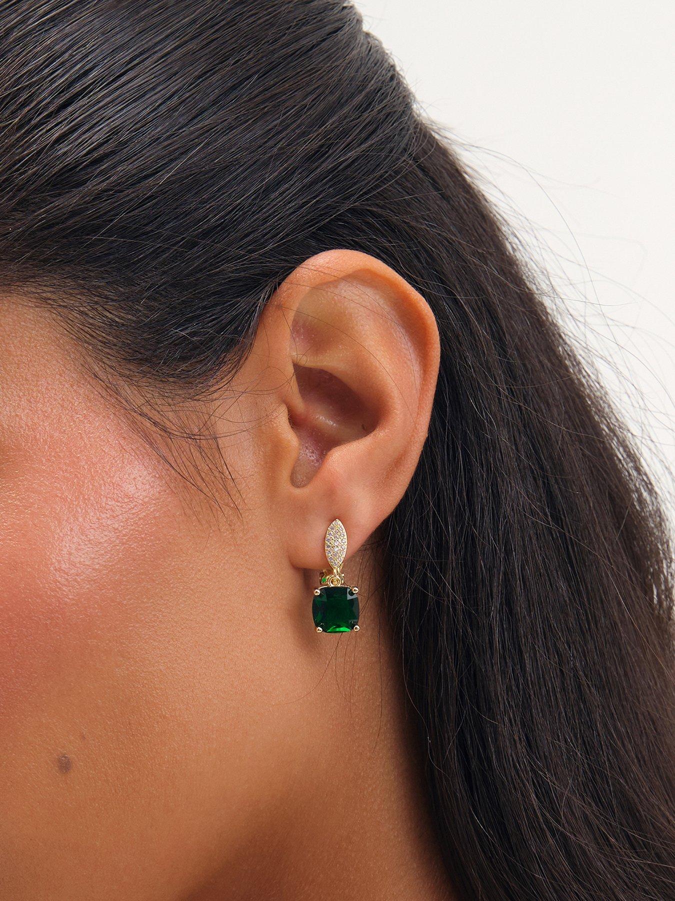 Jon Richard Rhodium Plated Cubic Zirconia Emerald Drop Clip Earrings
