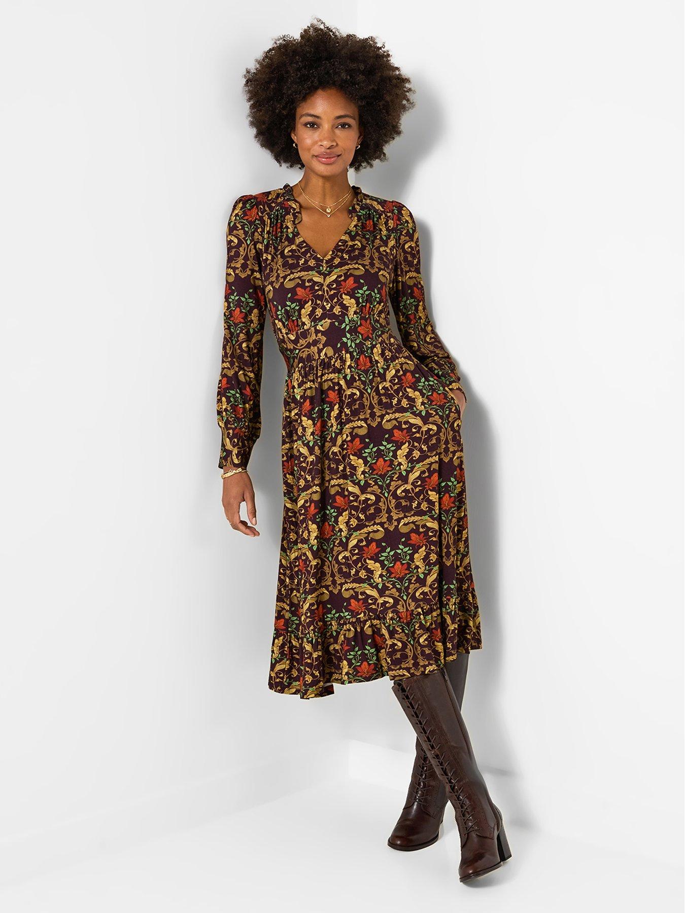Joe Browns Elegant Leaves Long Sleeve Jersey Midi Dress