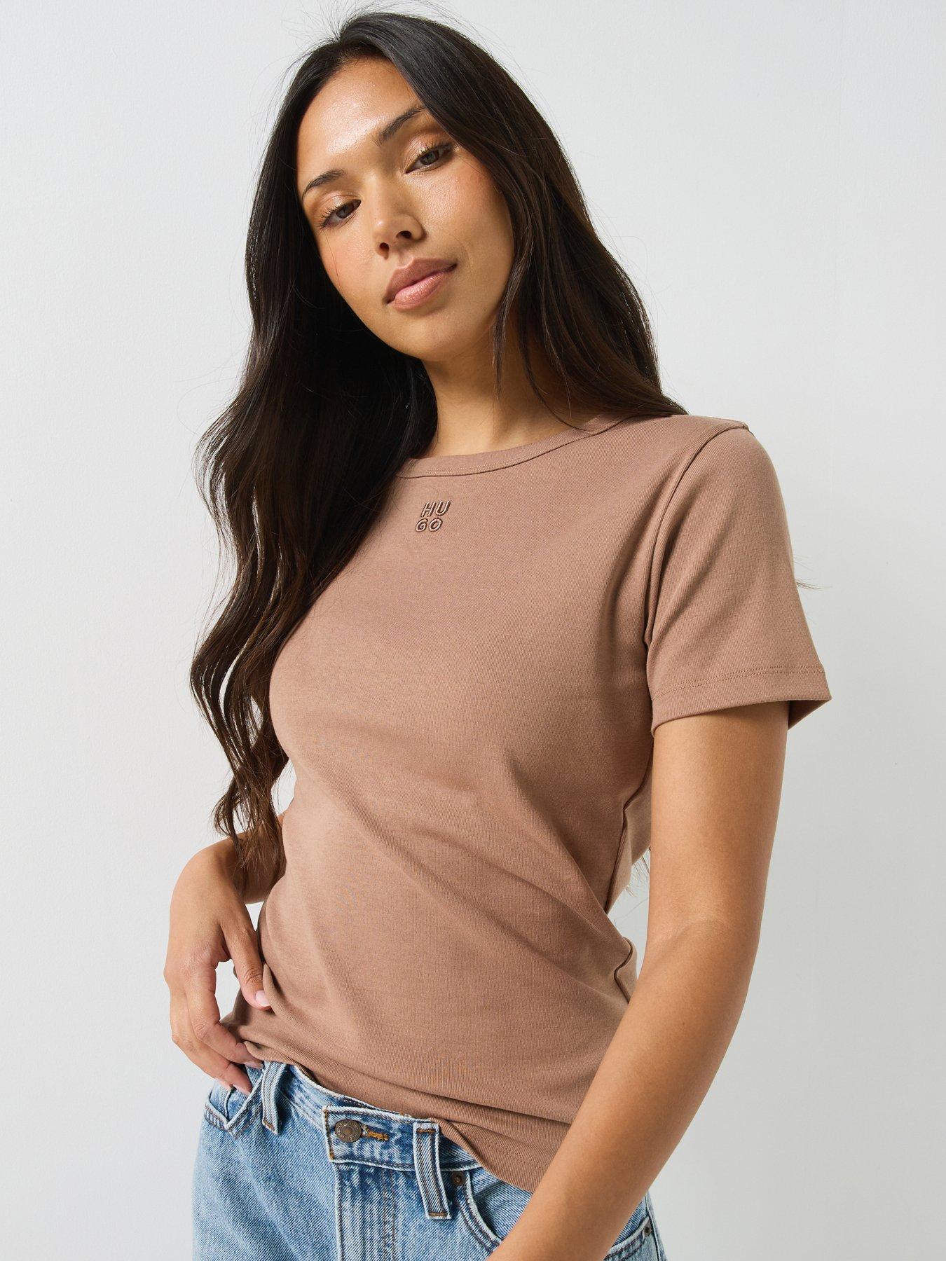 HUGO Women's Regular-Fit T-Shirt With Stacked-Logo Embroidery - Brown