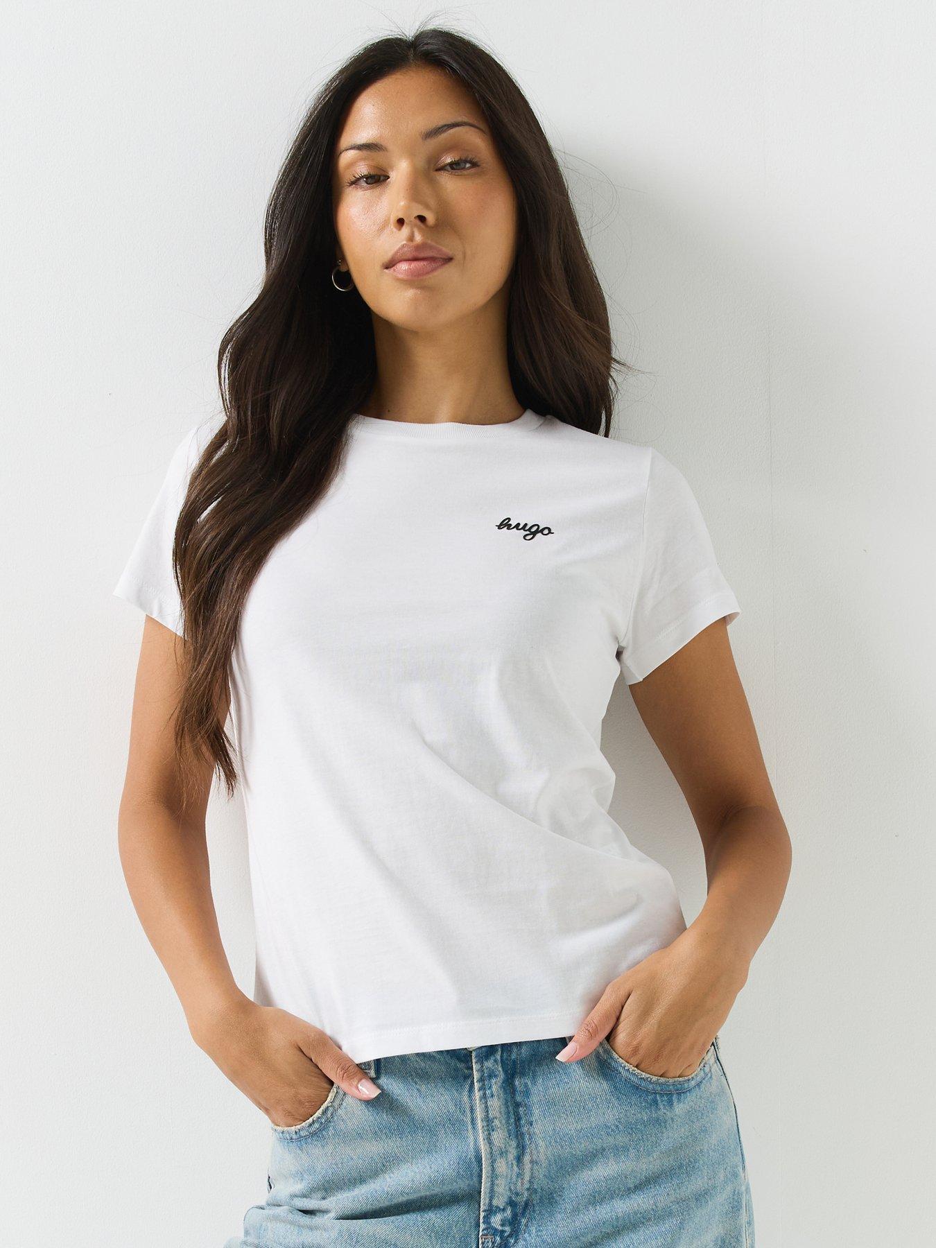 HUGO Women's Cotton T-Shirt With Script Logo And Relaxed Fit - White