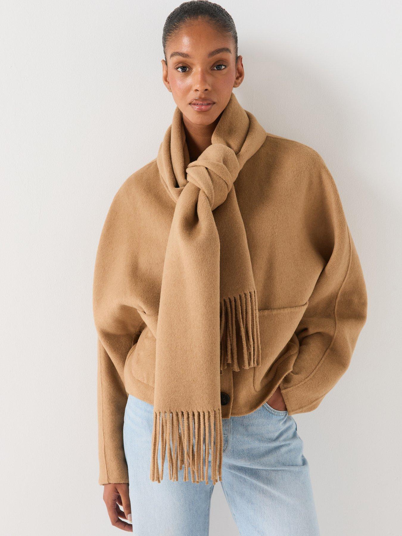 Image 1 of 6 of HUGO Womens C_cafrina Cropped Oversized Jacket With Detachable Scarf - Beige