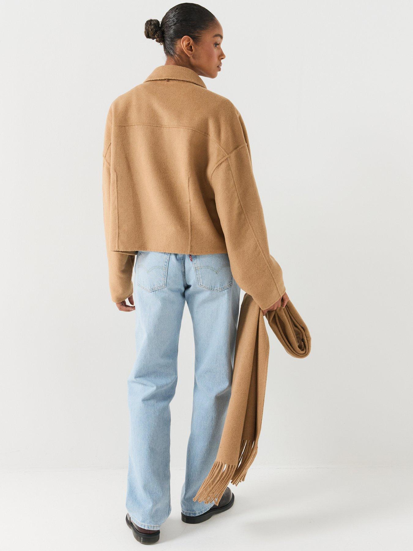 Image 2 of 6 of HUGO Womens C_cafrina Cropped Oversized Jacket With Detachable Scarf - Beige