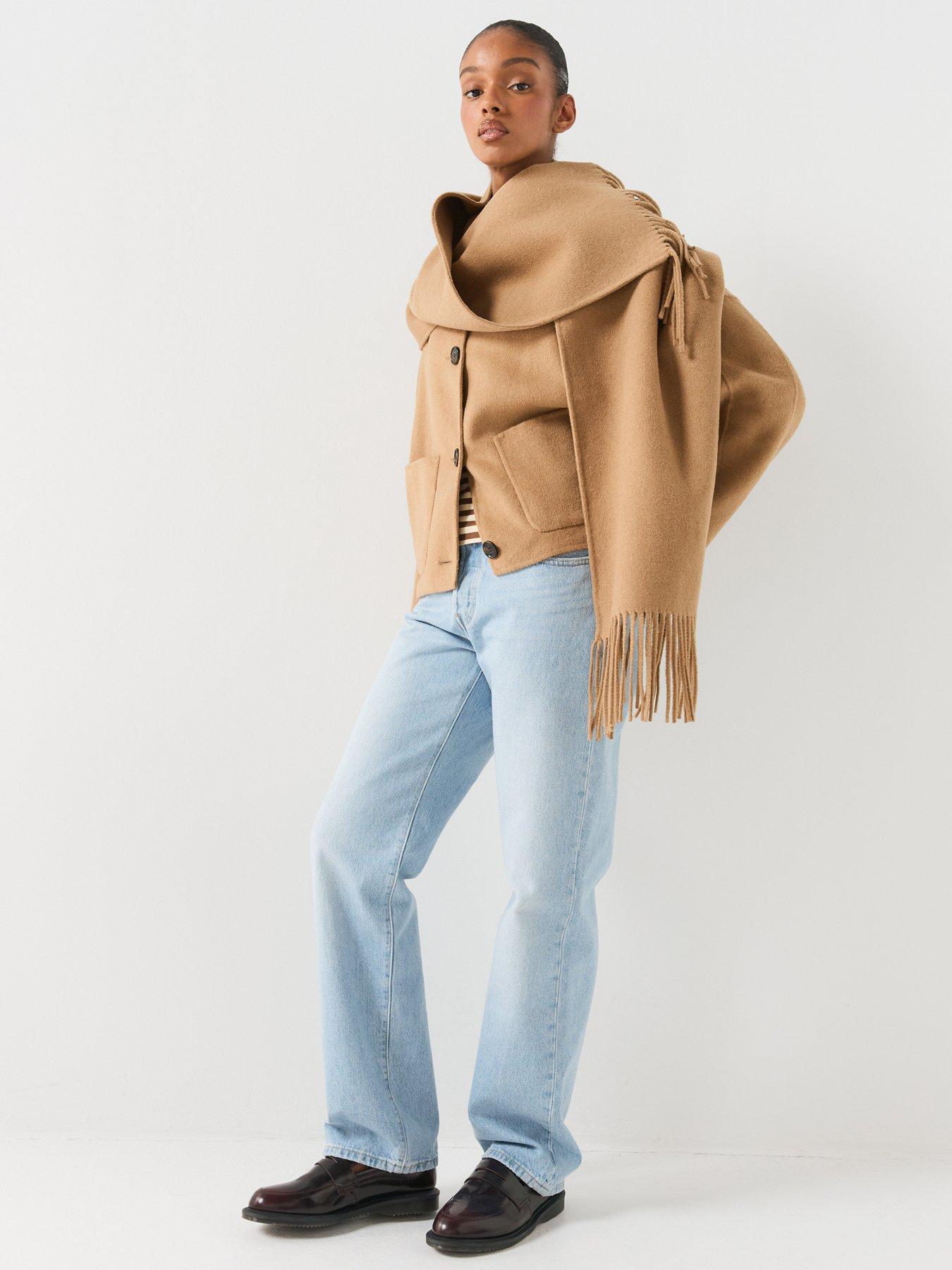 Image 3 of 6 of HUGO Womens C_cafrina Cropped Oversized Jacket With Detachable Scarf - Beige
