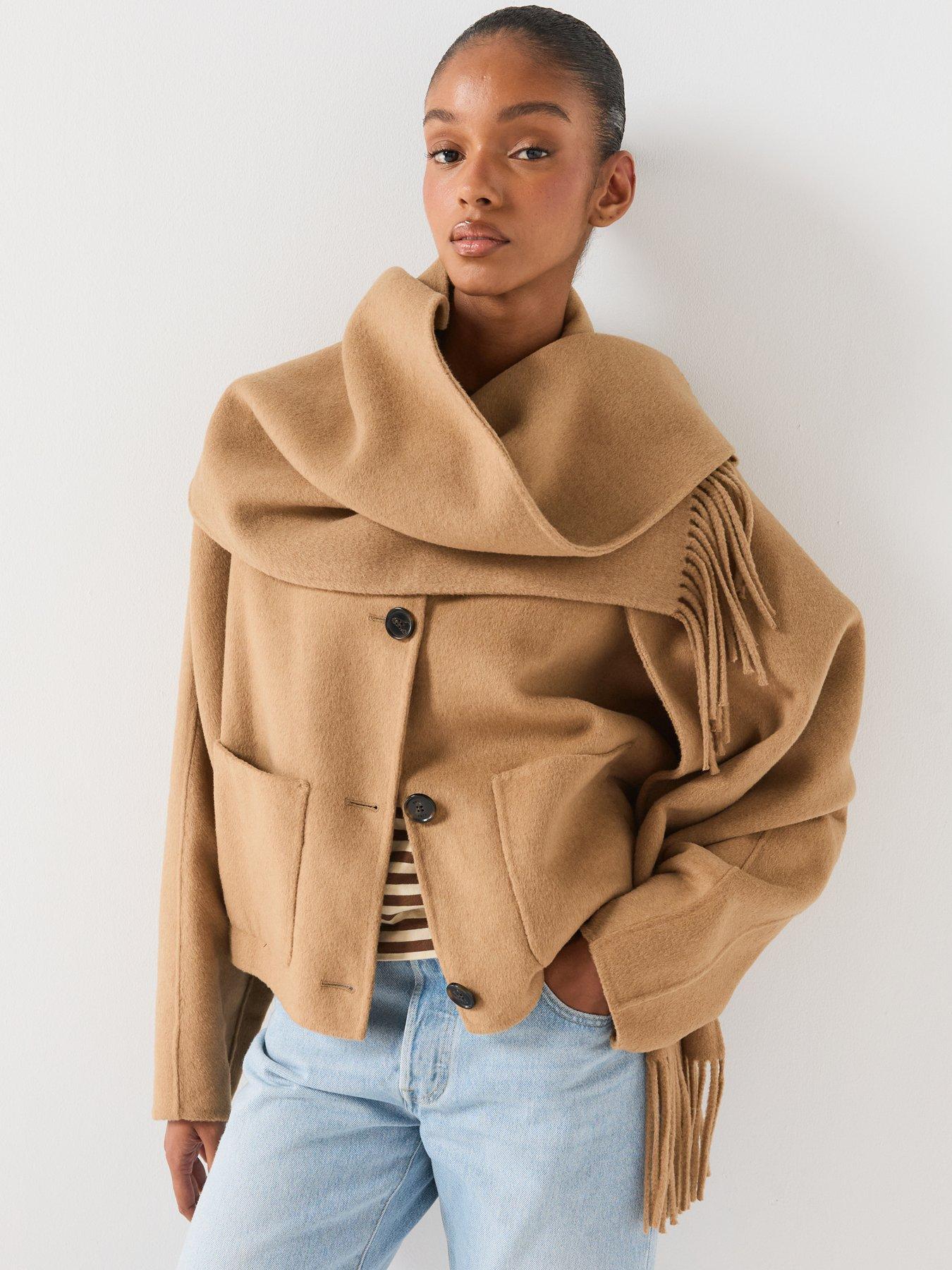 Image 4 of 6 of HUGO Womens C_cafrina Cropped Oversized Jacket With Detachable Scarf - Beige