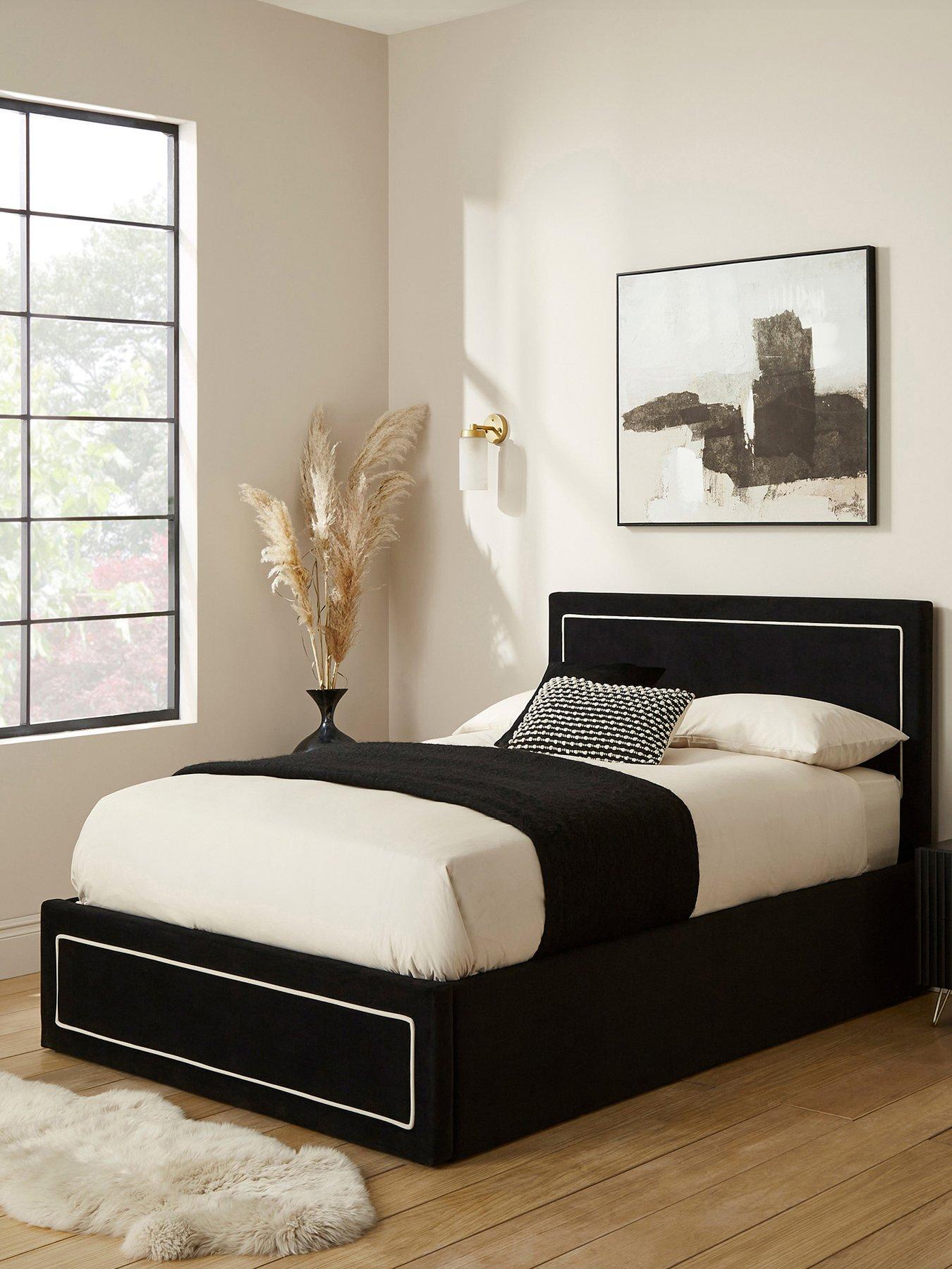 GFW Cloe Velvet Ottoman Bed King Natural And Black Piping With Bonnel Mattress