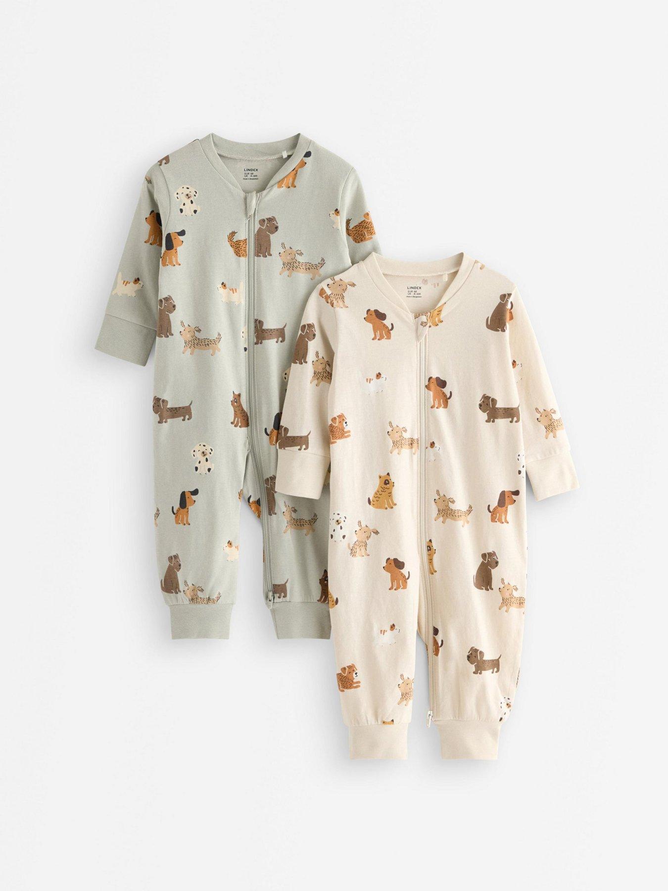 Image 1 of 3 of Lindex Baby Boys 2 Pack Zip Through Dog Print Sleepsuits - Beige