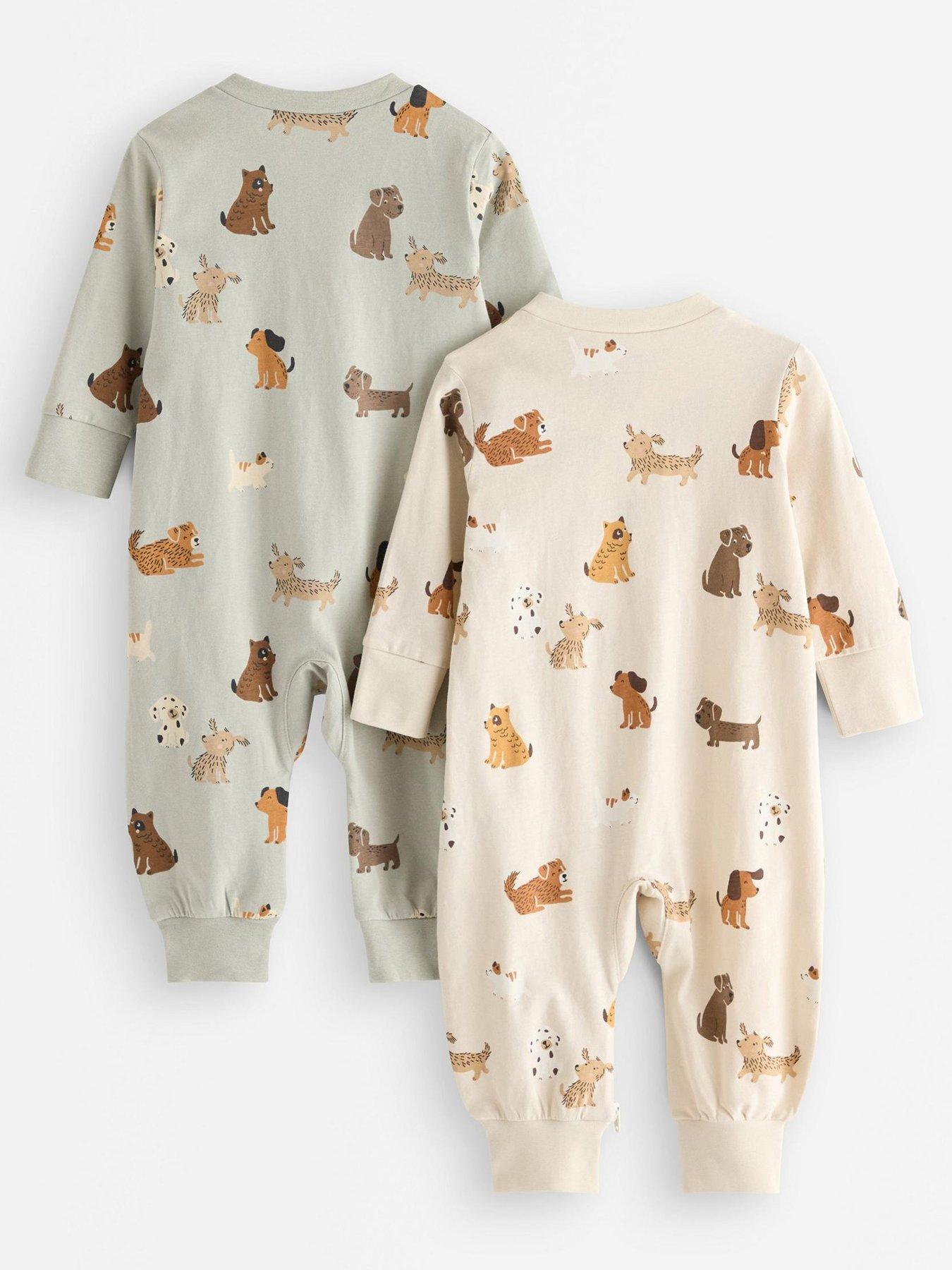 Image 2 of 3 of Lindex Baby Boys 2 Pack Zip Through Dog Print Sleepsuits - Beige