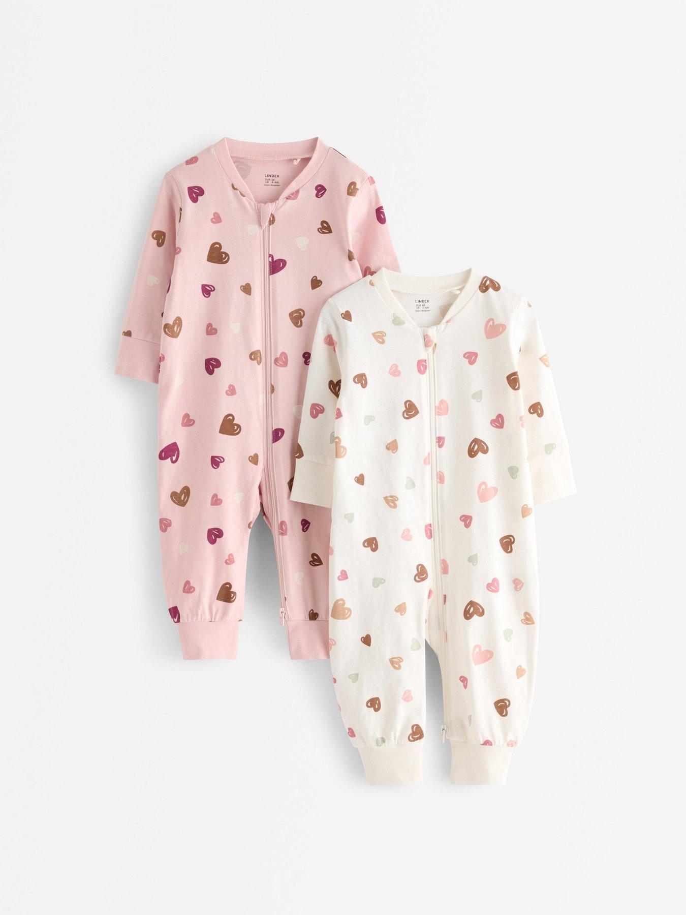 Image 1 of 3 of Lindex Girls 2 Pack Heart Print Zip Sleepsuits&nbsp;- Pink