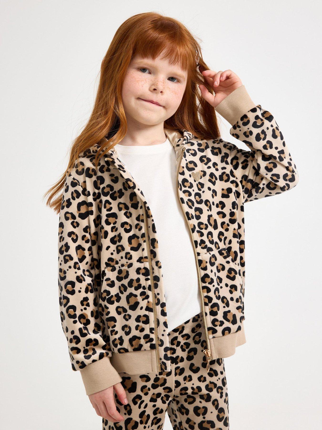 Image 1 of 4 of Lindex Girls Leopard Print Velour Hoodie - Beige