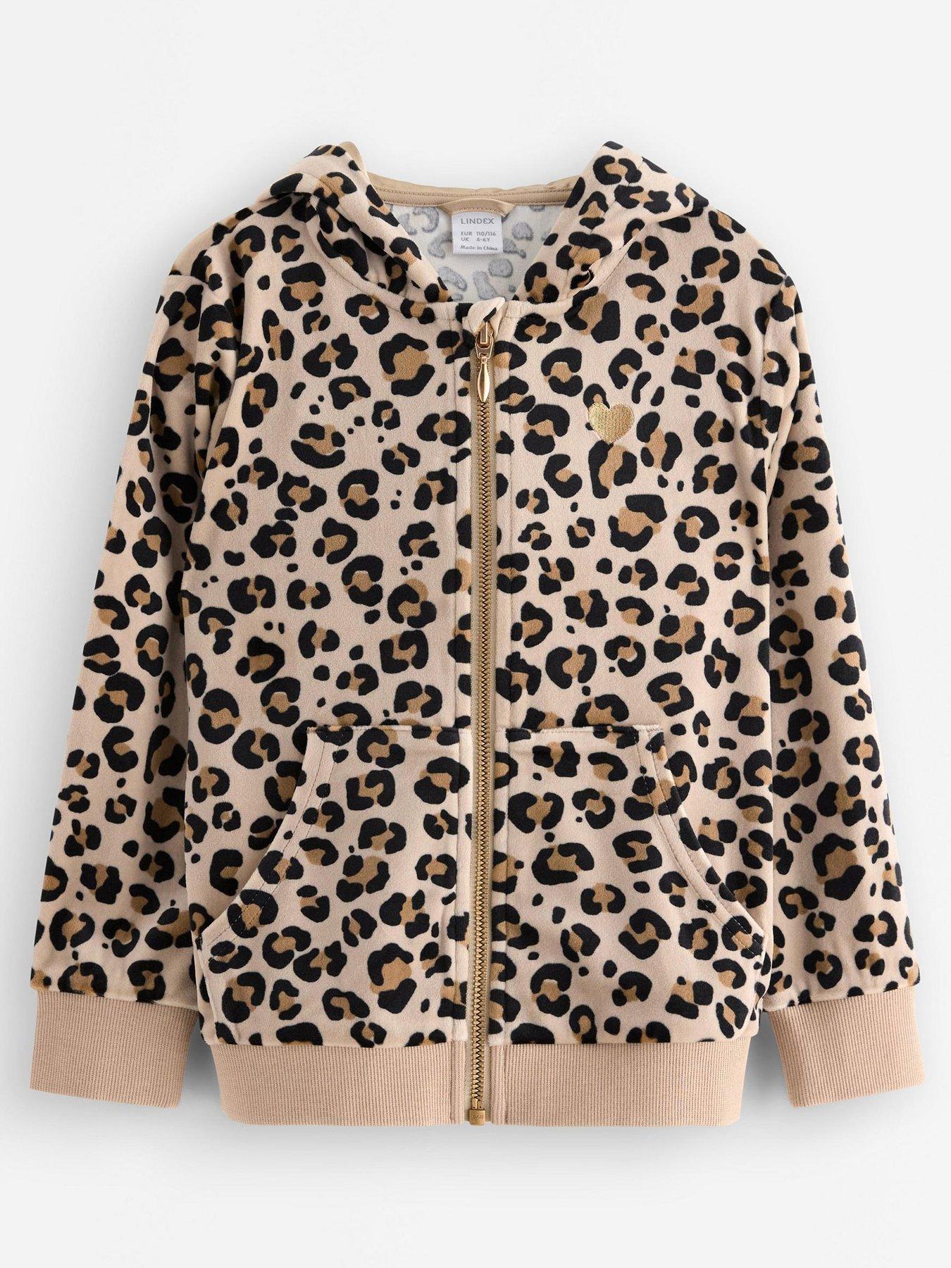 Image 2 of 4 of Lindex Girls Leopard Print Velour Hoodie - Beige