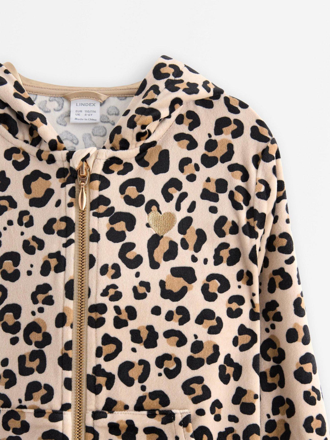 Image 4 of 4 of Lindex Girls Leopard Print Velour Hoodie - Beige