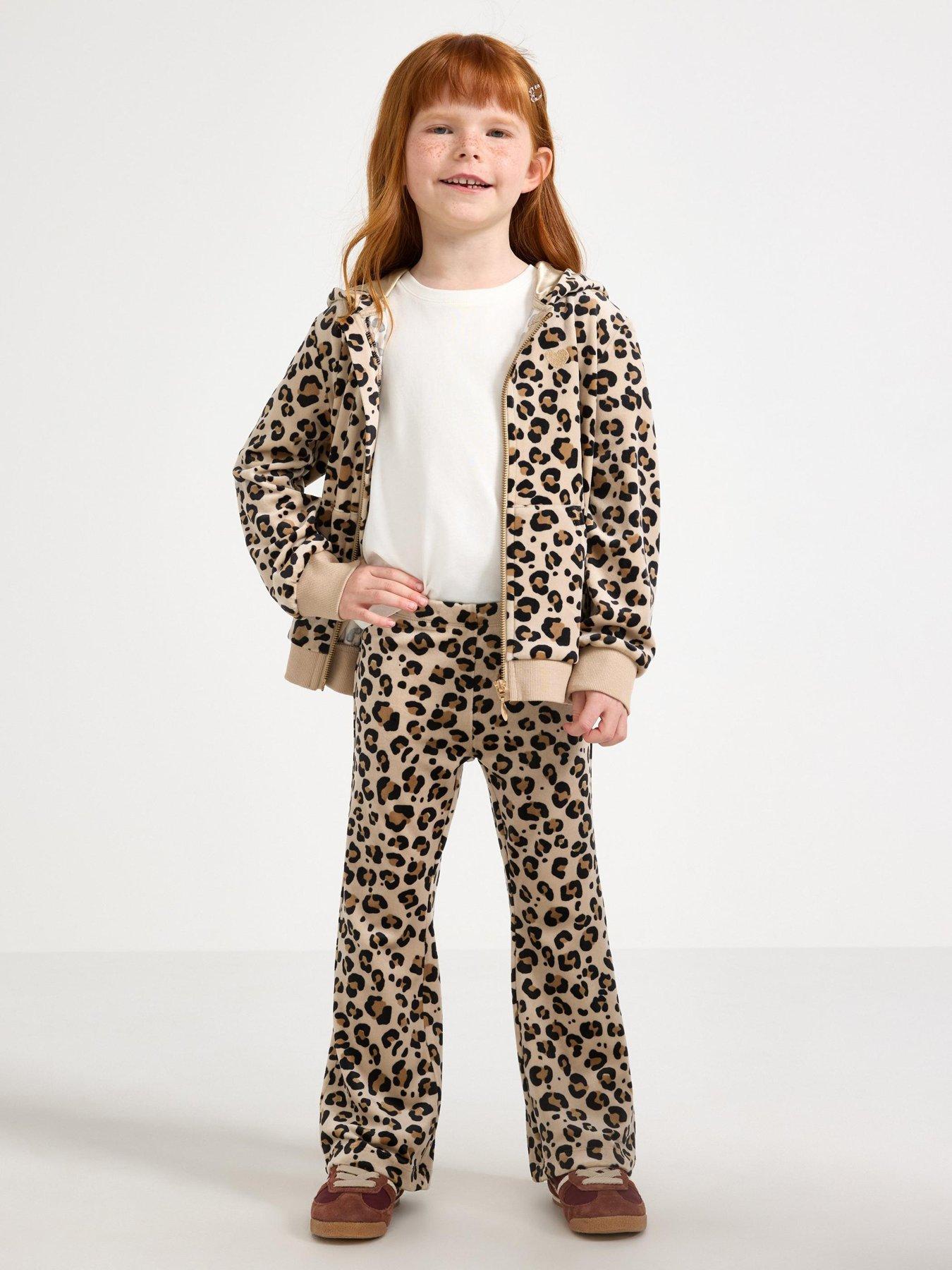 Image 1 of 4 of Lindex Girls Leopard Print Velour Flared Leggings - Beige
