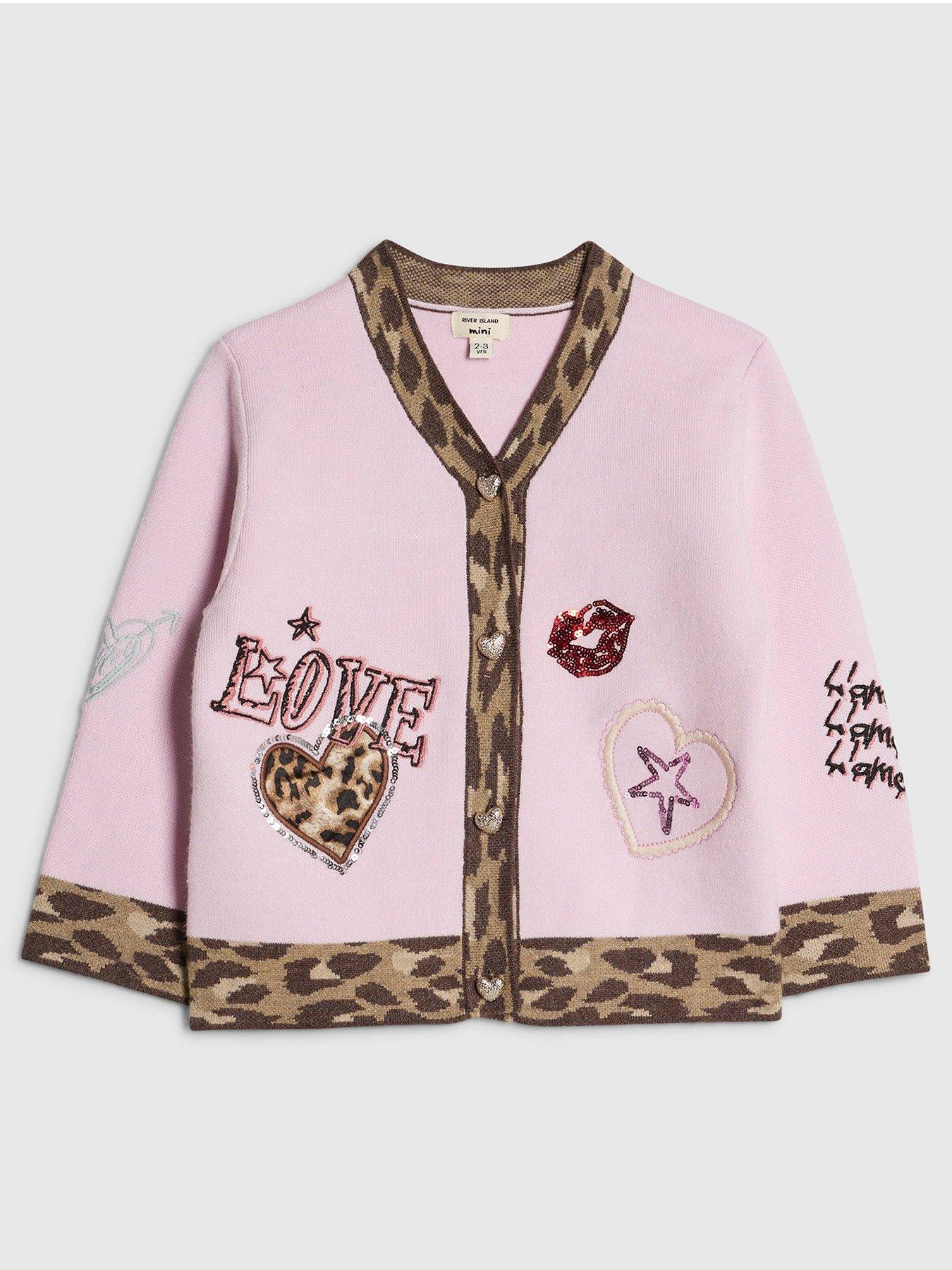 Image 1 of 4 of River Island Mini Girls Mini Leopard Placket Sequin Patch Cardigan - Pink
