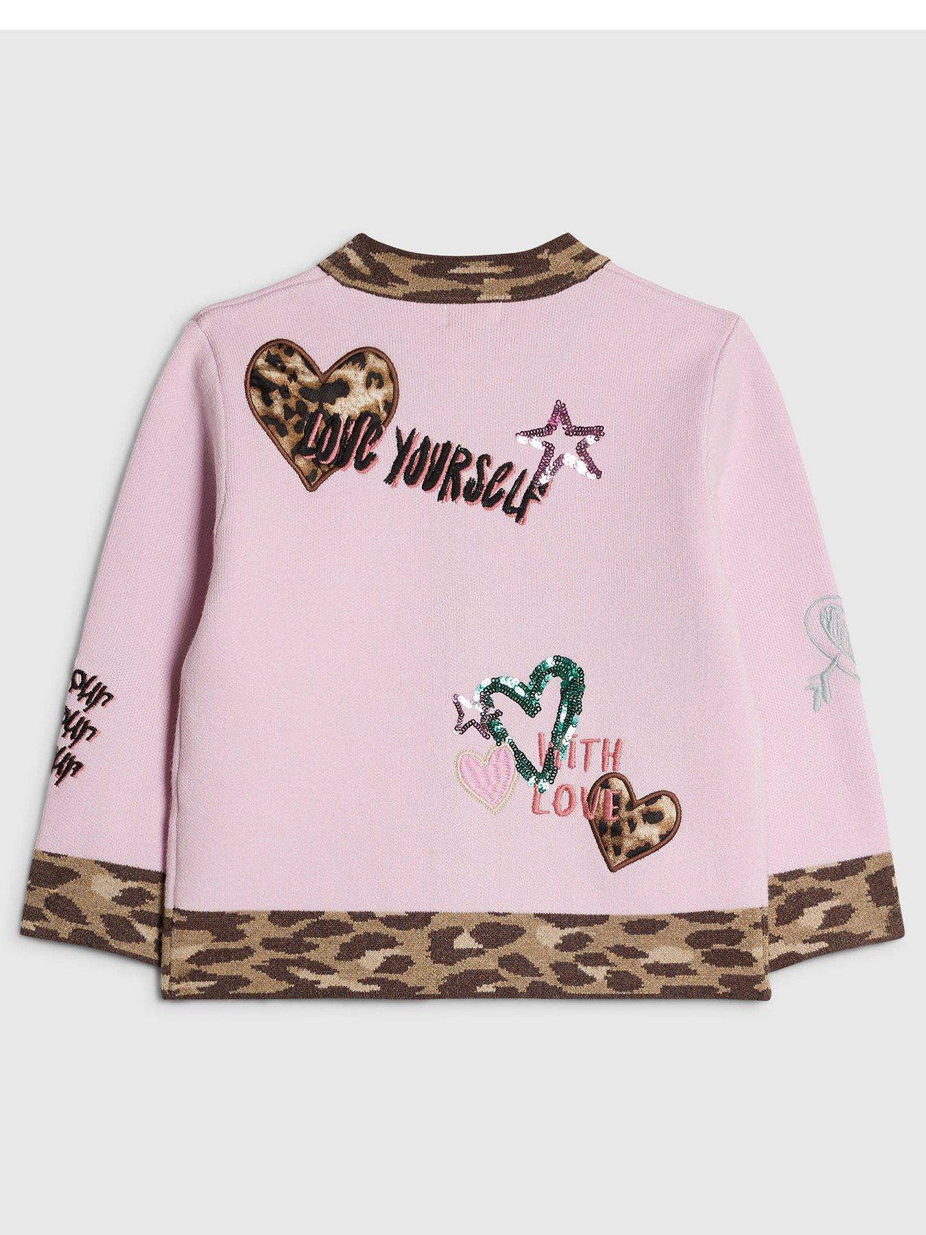 Image 2 of 4 of River Island Mini Girls Mini Leopard Placket Sequin Patch Cardigan - Pink