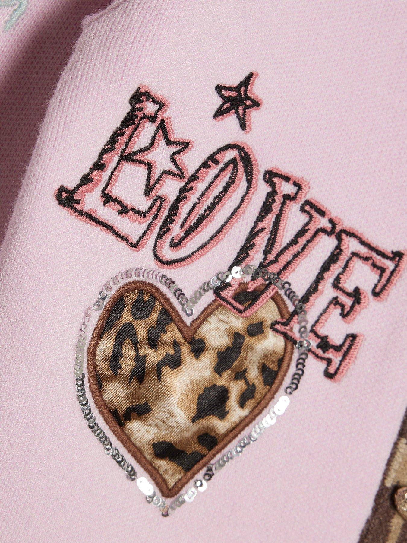 Image 3 of 4 of River Island Mini Girls Mini Leopard Placket Sequin Patch Cardigan - Pink