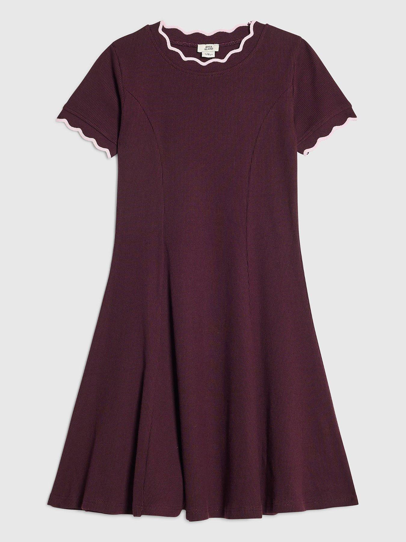 Image 1 of 4 of River Island Girls Scallop Edge Fit And Flare Dress - Purple