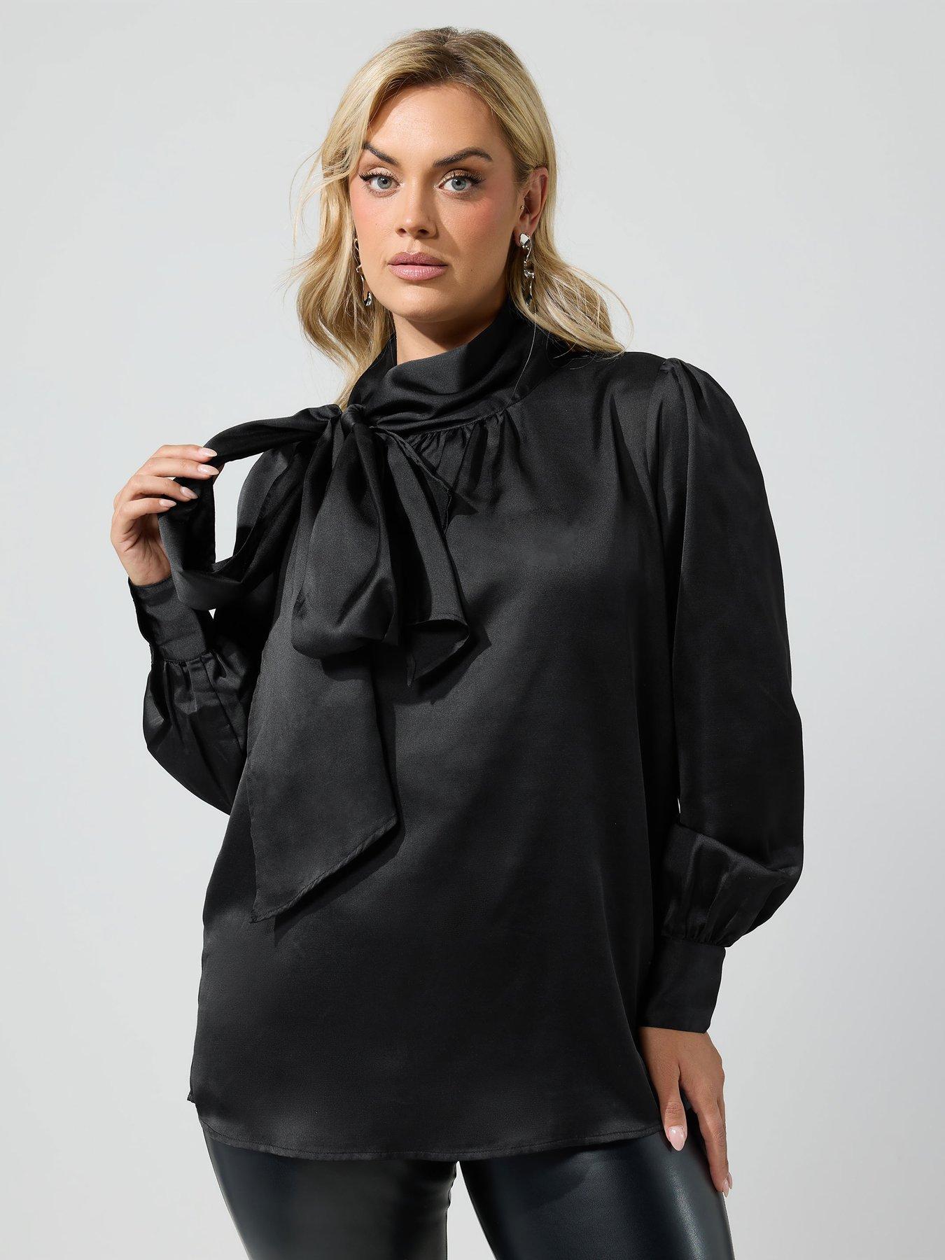 Image 1 of 4 of Yours Curve Satin Bow Blouse - Black