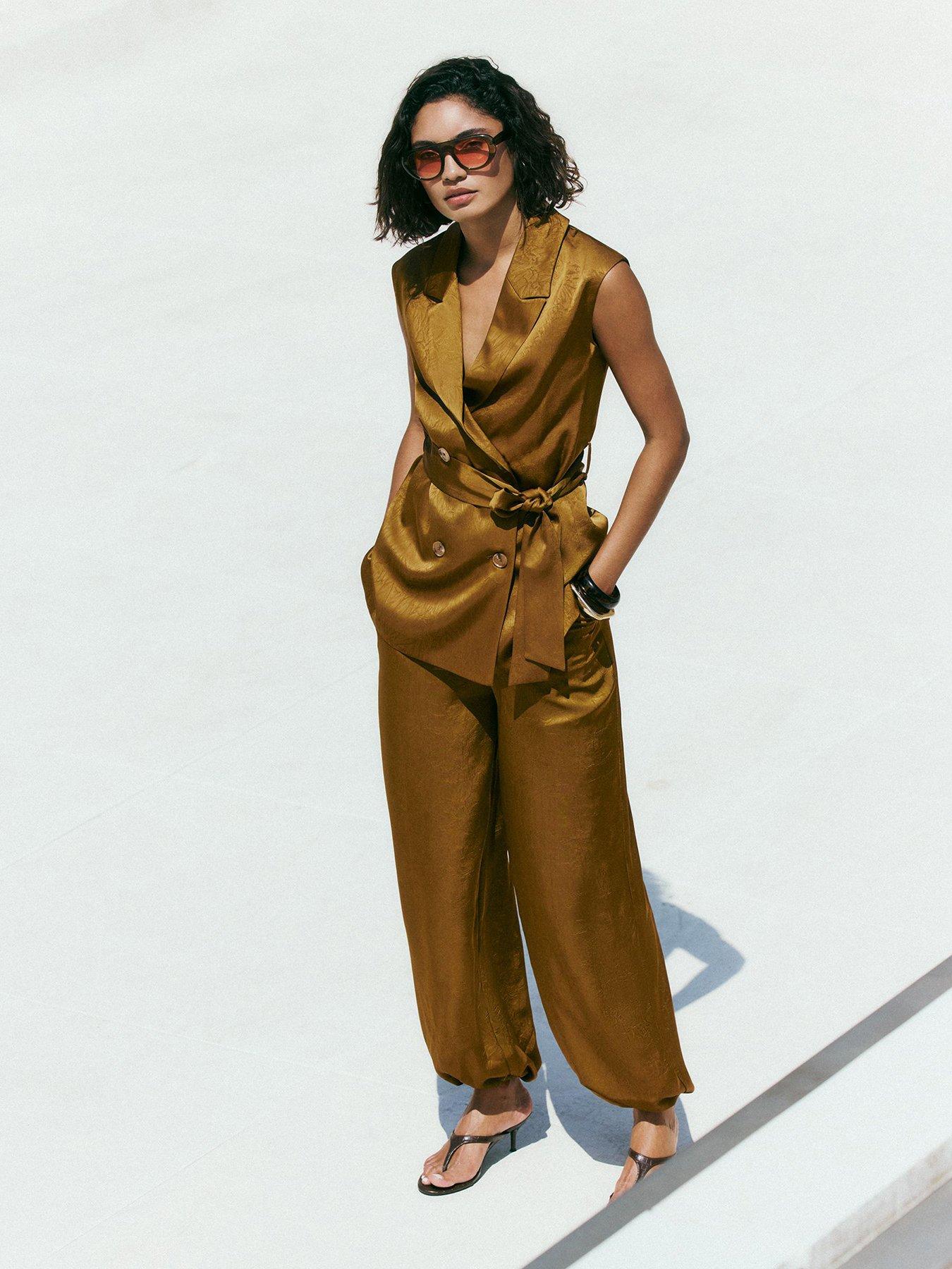 Image 1 of 4 of Friends Like These Olive Green Satin Barrel Trousers