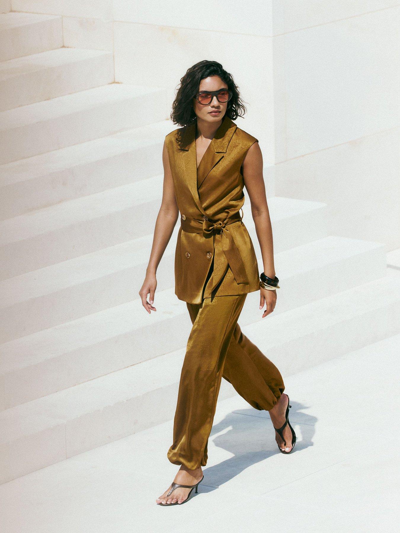 Image 2 of 4 of Friends Like These Olive Green Satin Barrel Trousers