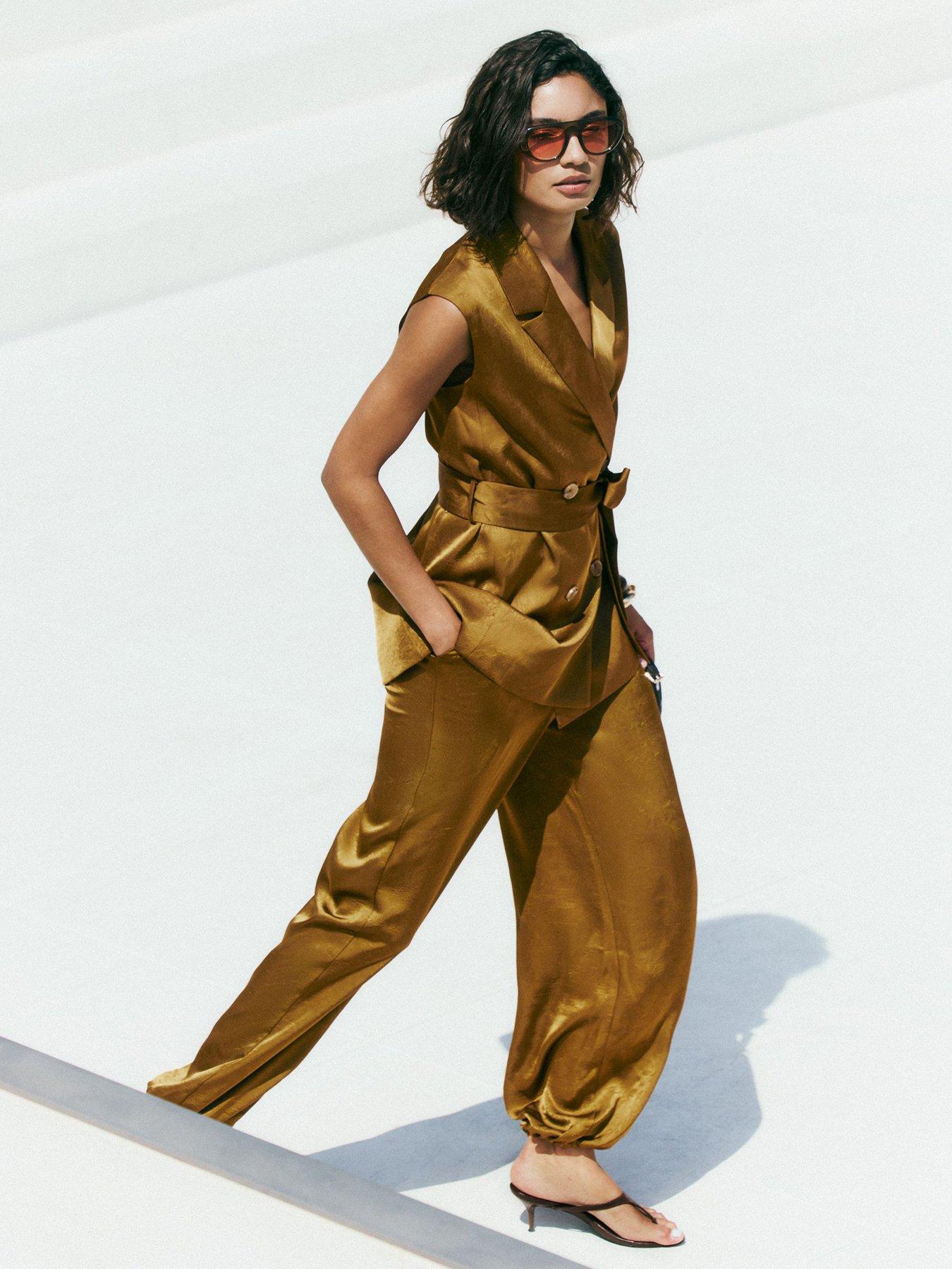 Image 3 of 4 of Friends Like These Olive Green Satin Barrel Trousers
