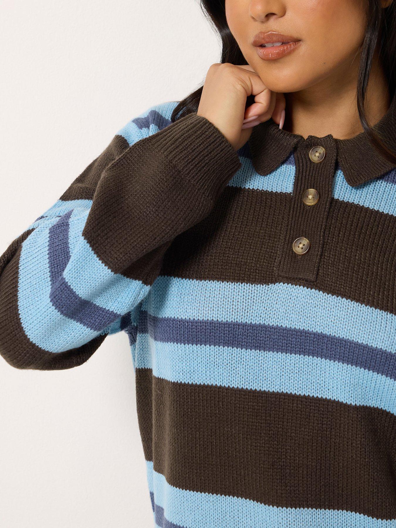 Image 4 of 4 of PixieGirl Petite Stripe Polo Jumper - Brown/Blue