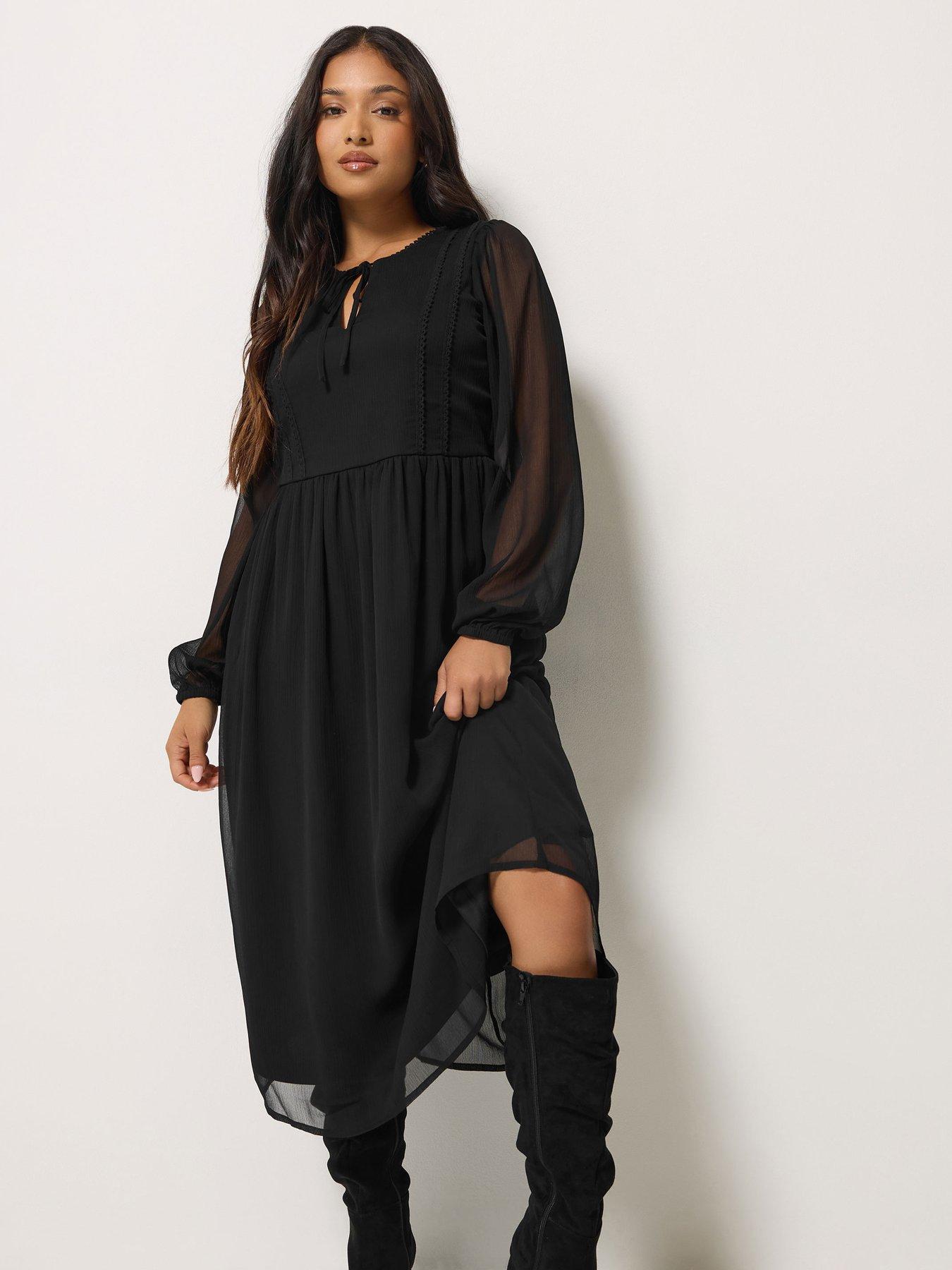 Image 1 of 4 of PixieGirl PixieGirl Womens Petite Tie Neck Tiered Midi Dress - Black