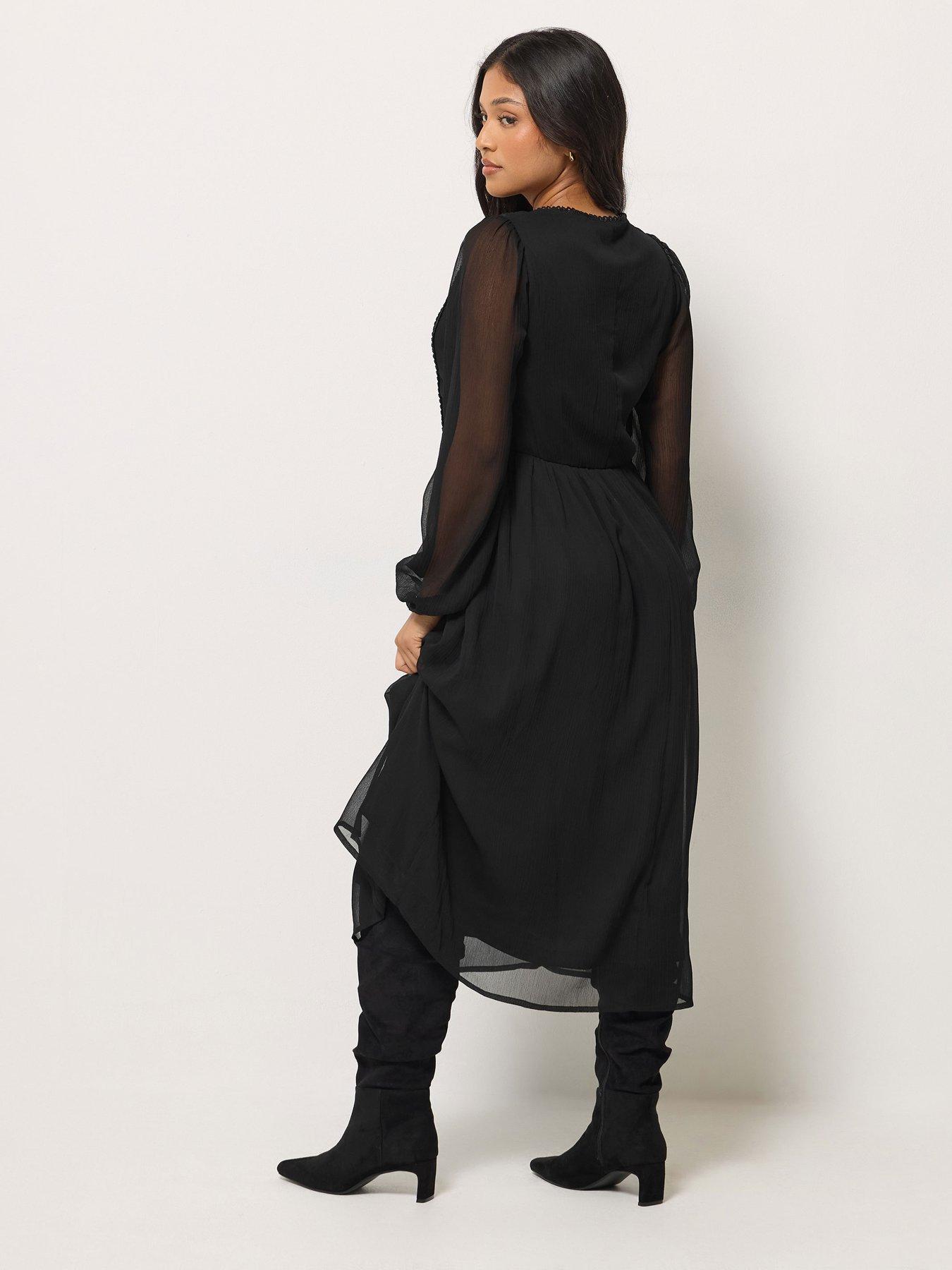 Image 2 of 4 of PixieGirl PixieGirl Womens Petite Tie Neck Tiered Midi Dress - Black
