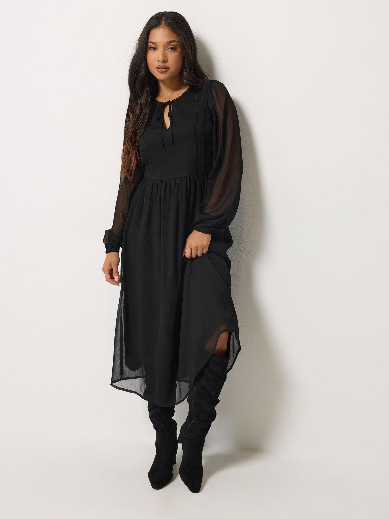 Image 3 of 4 of PixieGirl PixieGirl Womens Petite Tie Neck Tiered Midi Dress - Black