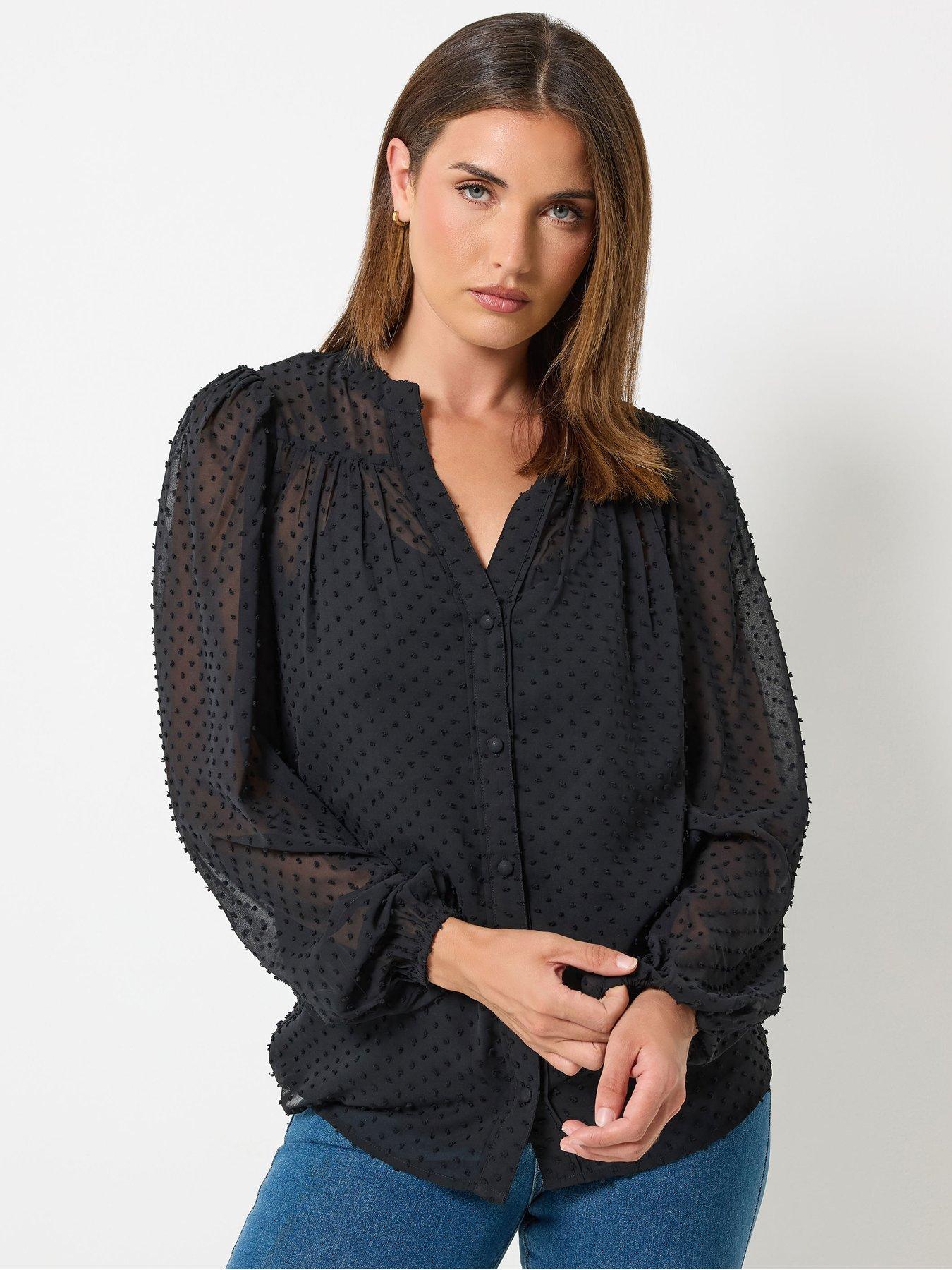 Image 1 of 4 of Long Tall Sally Womens Tall Dobby Sheer Sleeve Blouse - Black