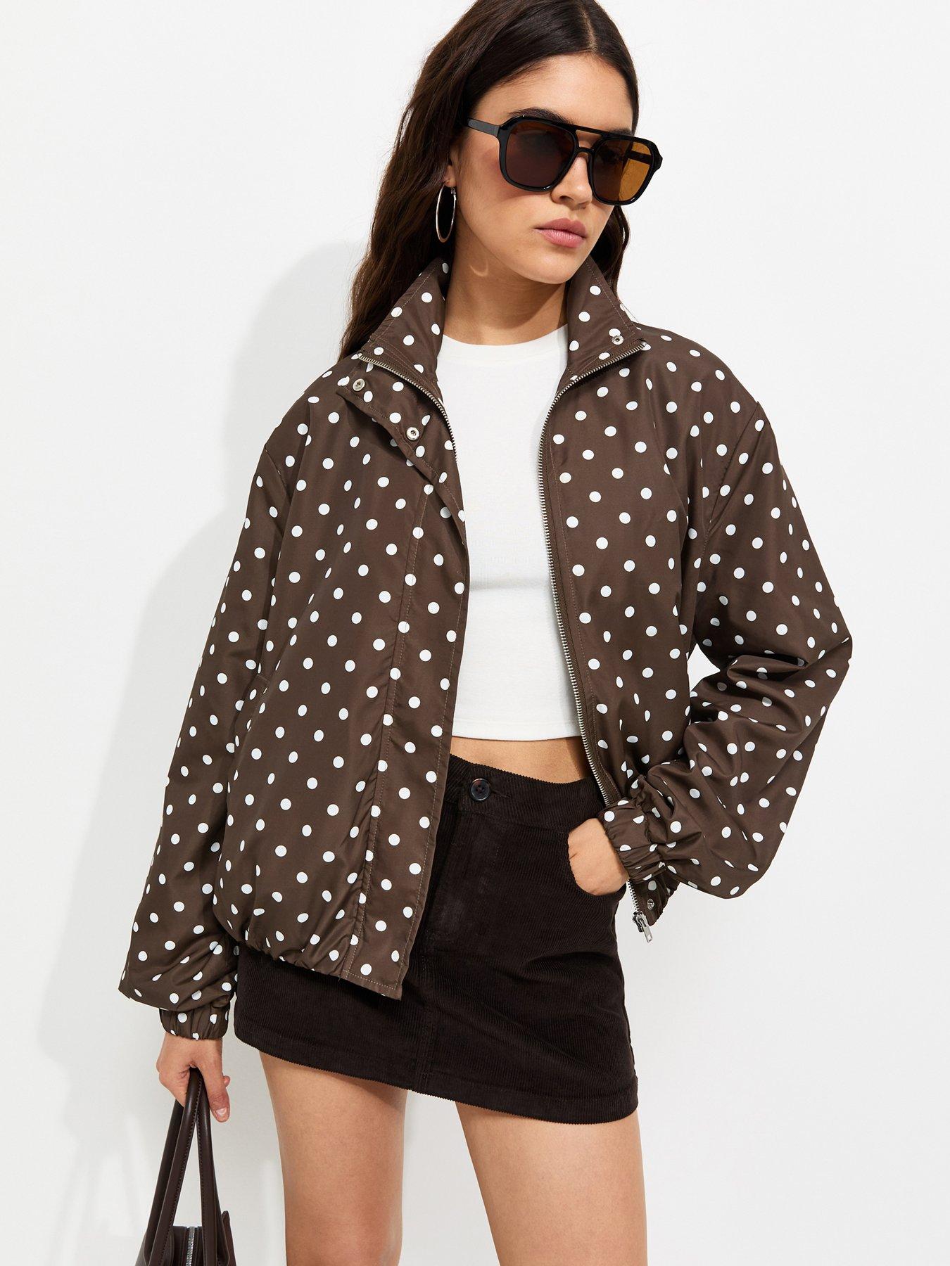 Image 1 of 6 of New Look Brown Polka Dot Bubble Hem Zip Windbreaker Jacket