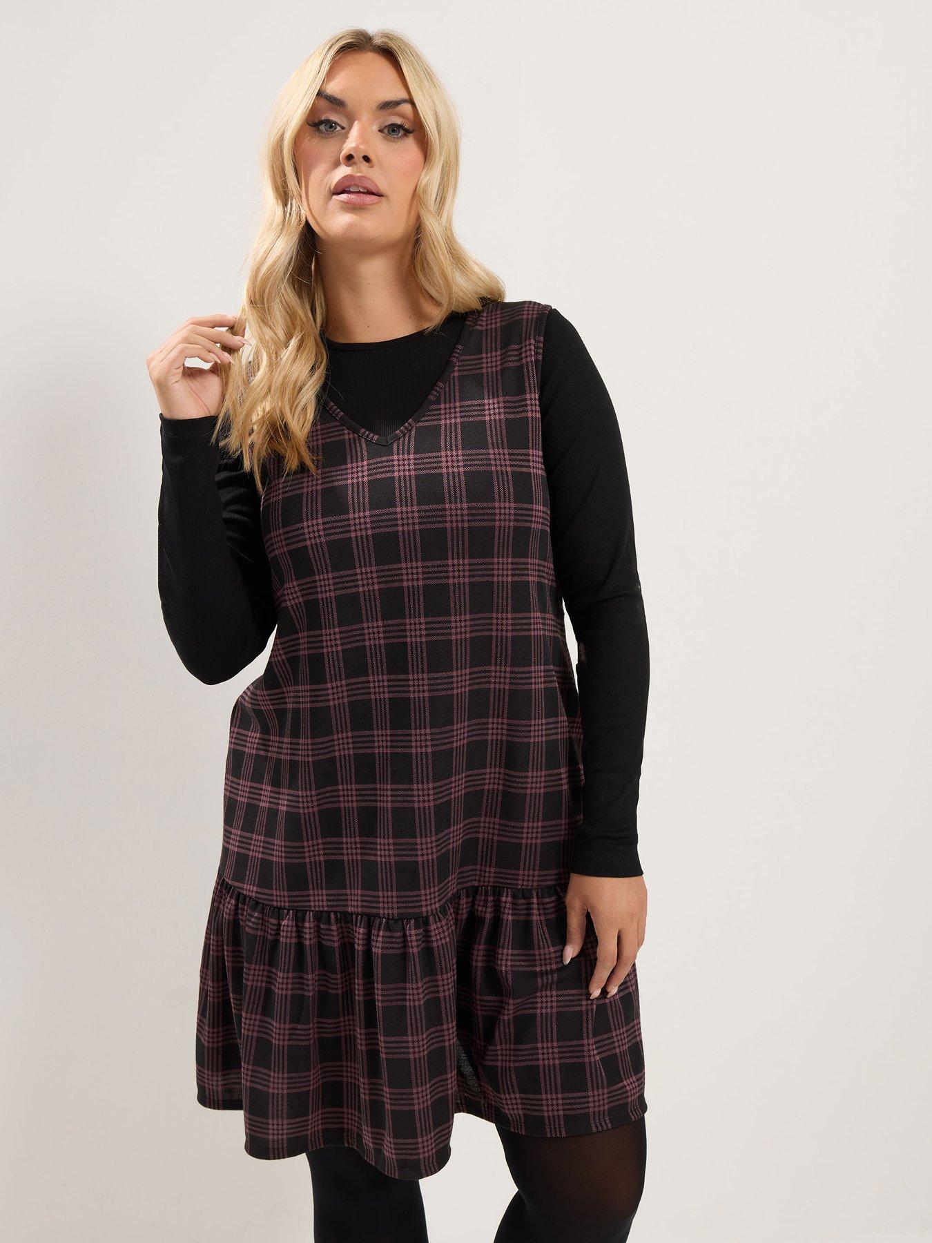Image 1 of 4 of Yours Curve V Neck Check Pinafore Dress - Red
