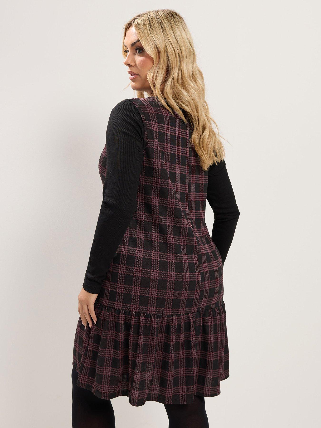 Image 2 of 4 of Yours Curve V Neck Check Pinafore Dress - Red