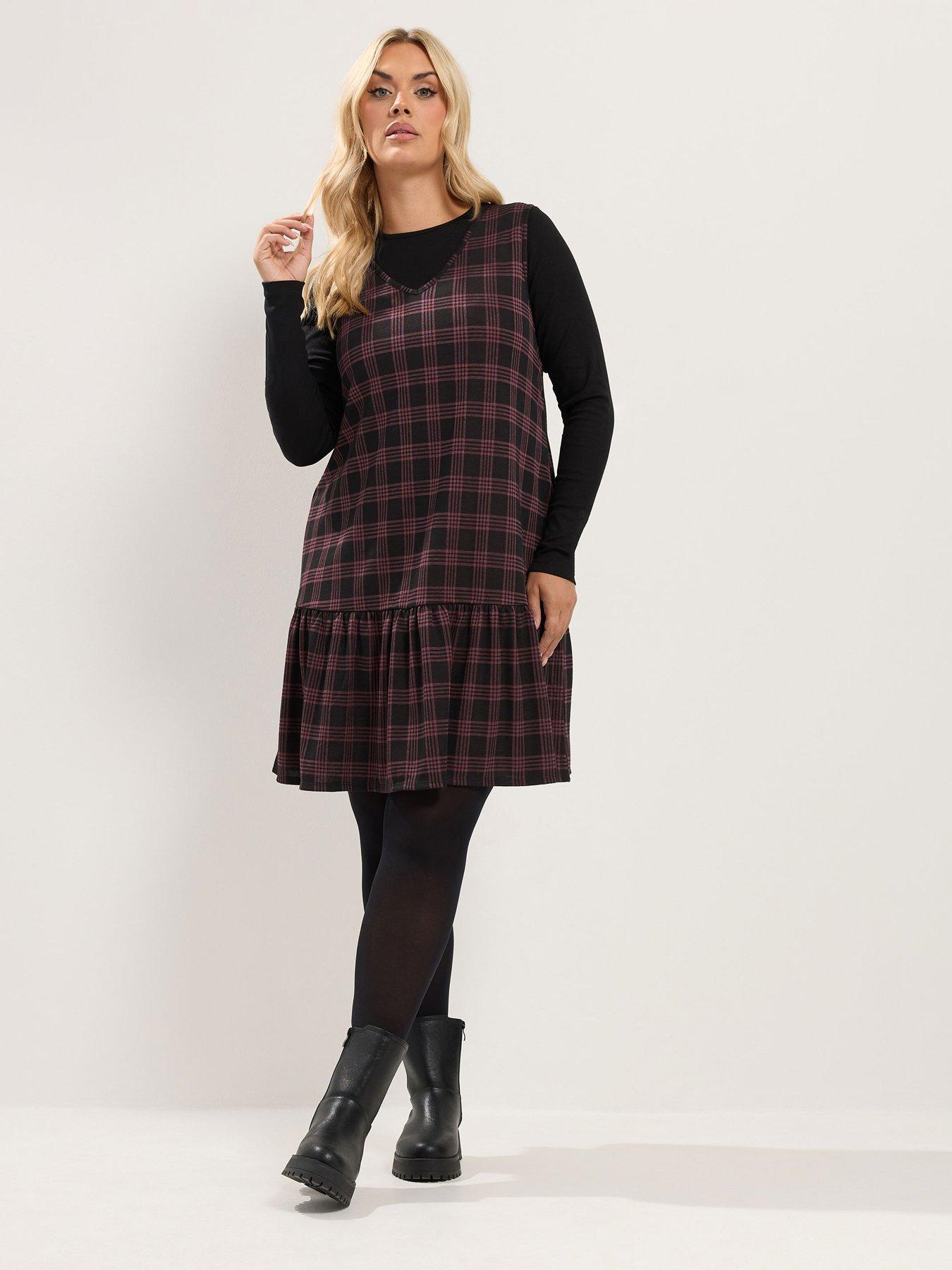 Image 3 of 4 of Yours Curve V Neck Check Pinafore Dress - Red