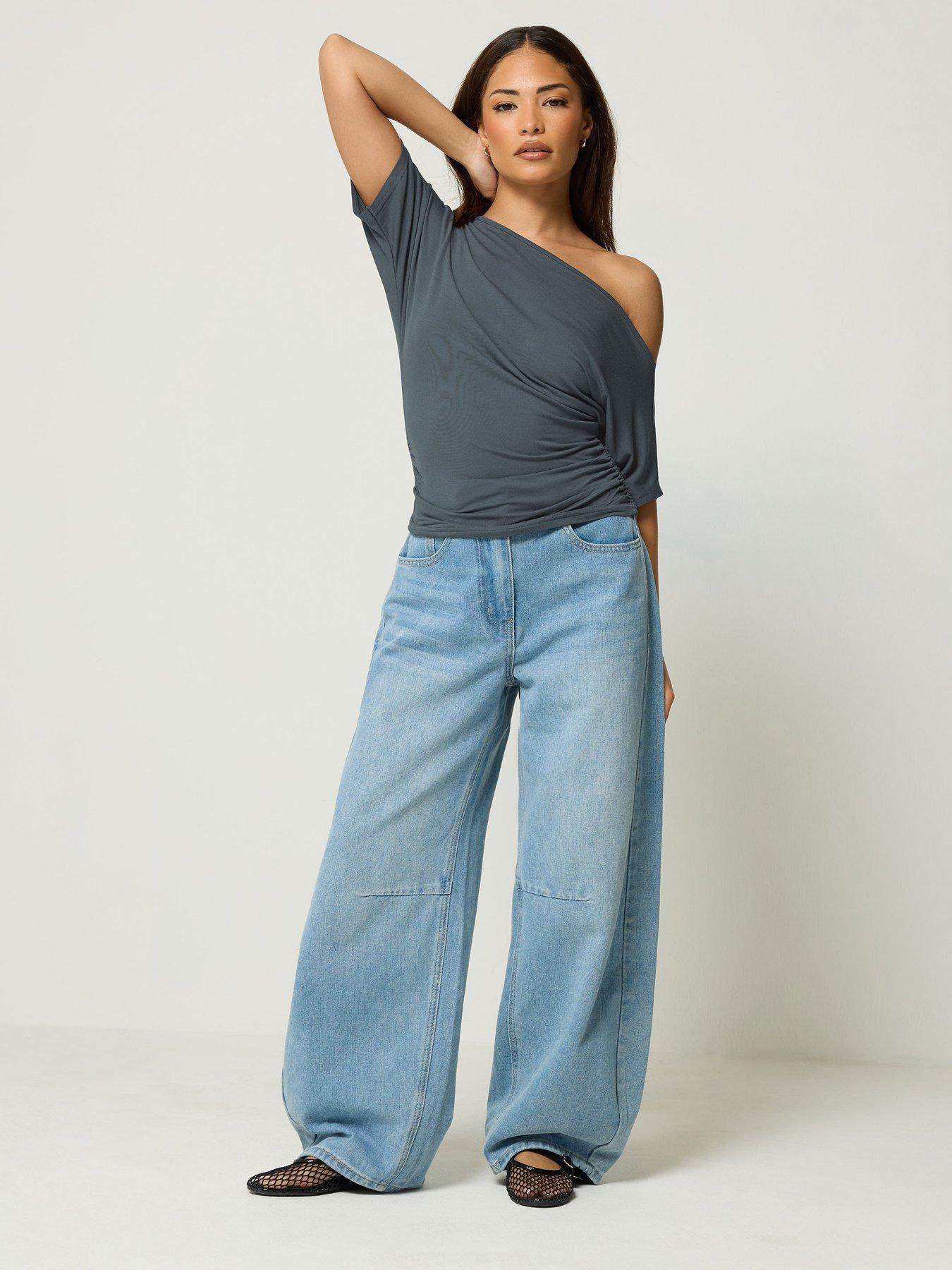 Image 3 of 4 of PixieGirl Petite Slash Neck Short Sleeve Top - Grey