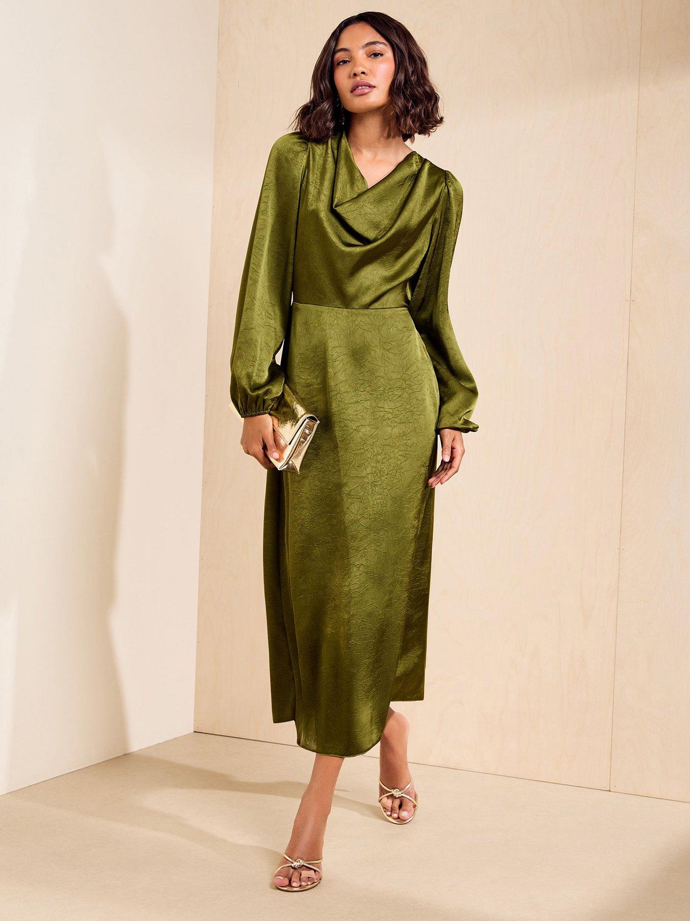 Image 1 of 5 of Friends Like These Olive Green Satin Cowl Neck Long Sleeve Midi Dress