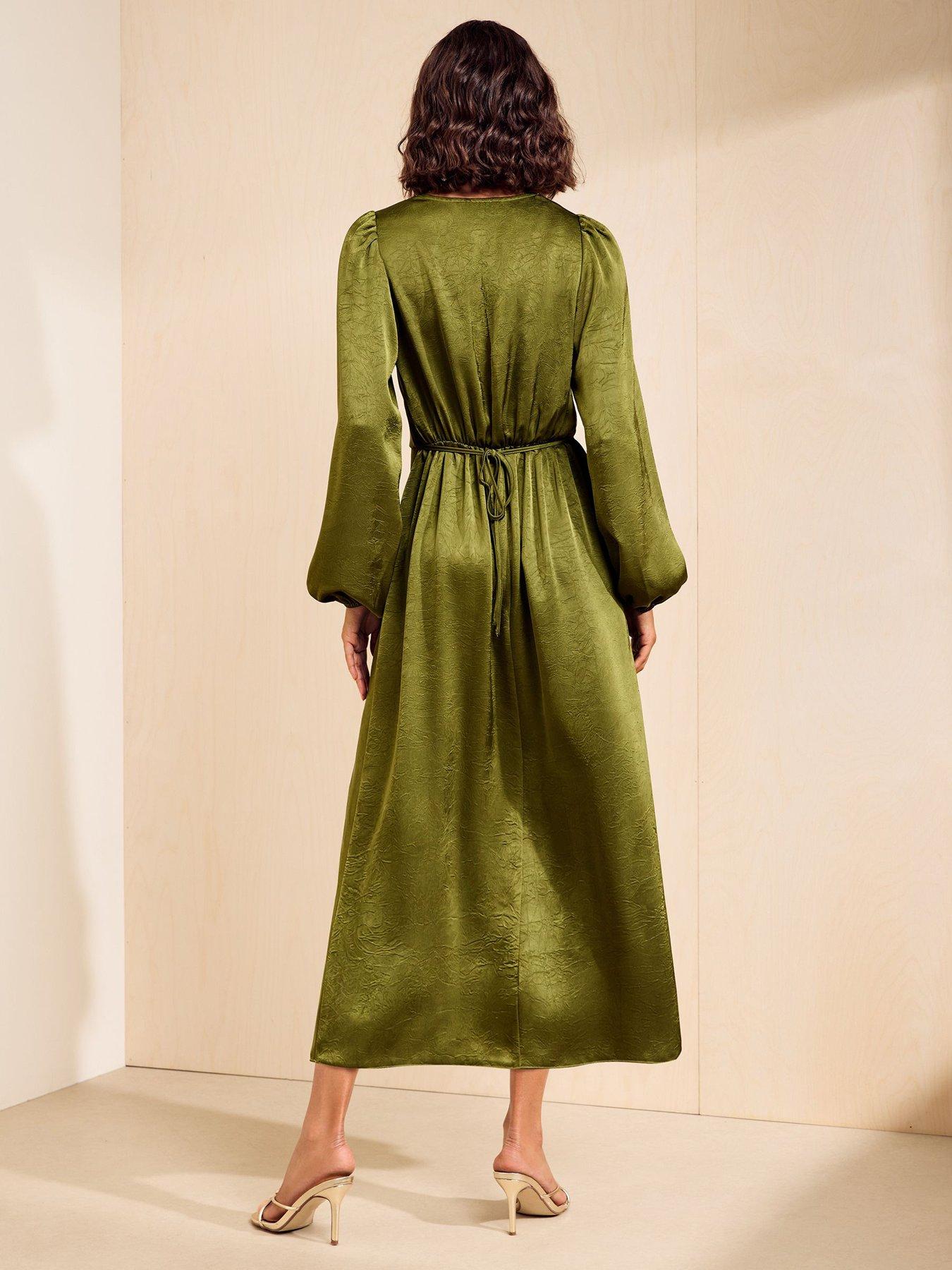 Image 2 of 5 of Friends Like These Olive Green Satin Cowl Neck Long Sleeve Midi Dress