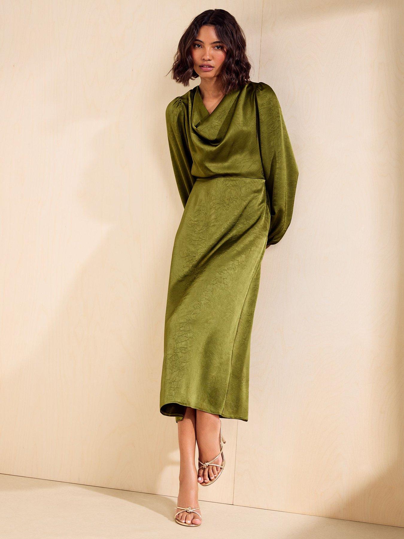 Image 3 of 5 of Friends Like These Olive Green Satin Cowl Neck Long Sleeve Midi Dress