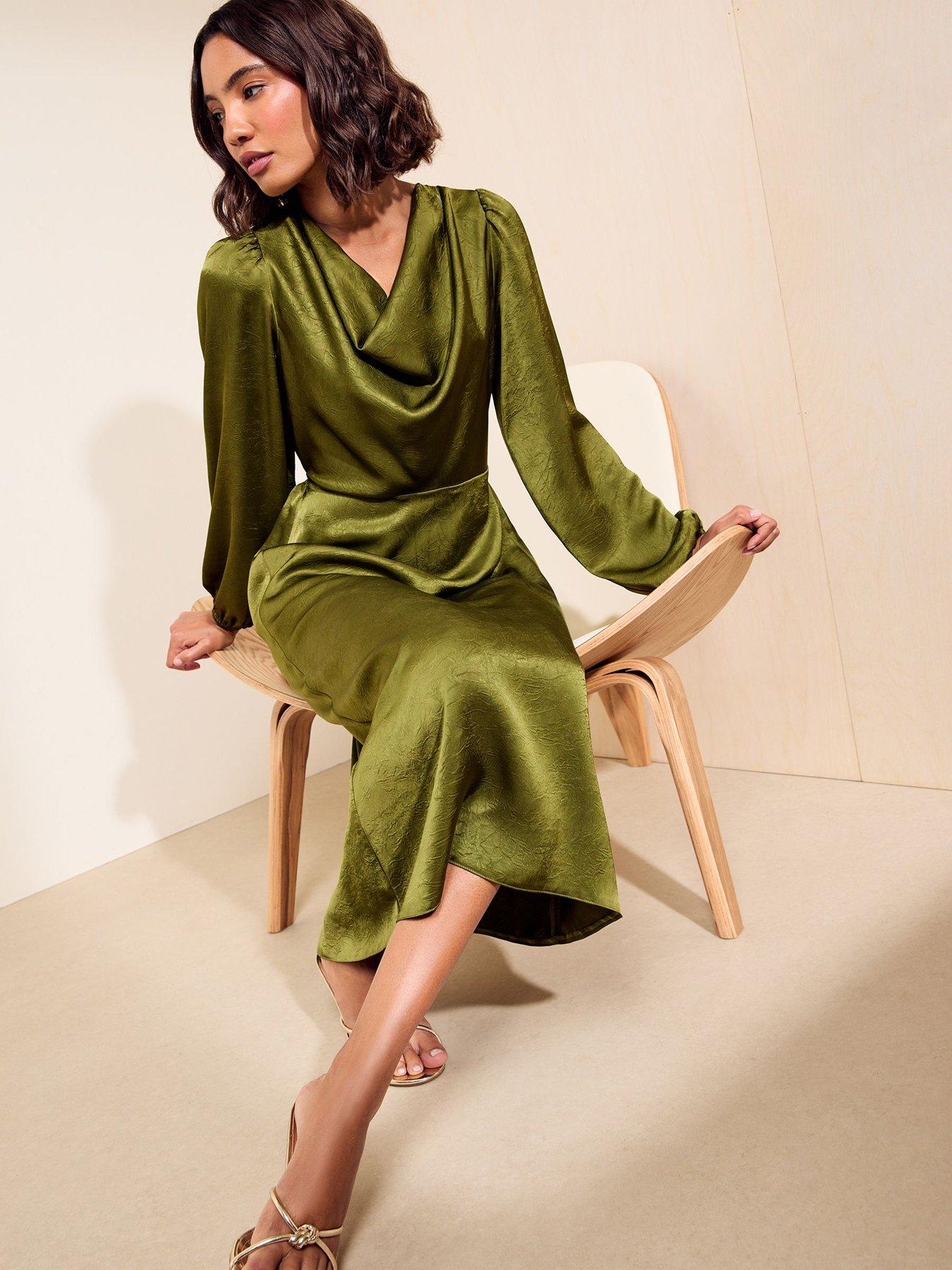 Image 4 of 5 of Friends Like These Olive Green Satin Cowl Neck Long Sleeve Midi Dress