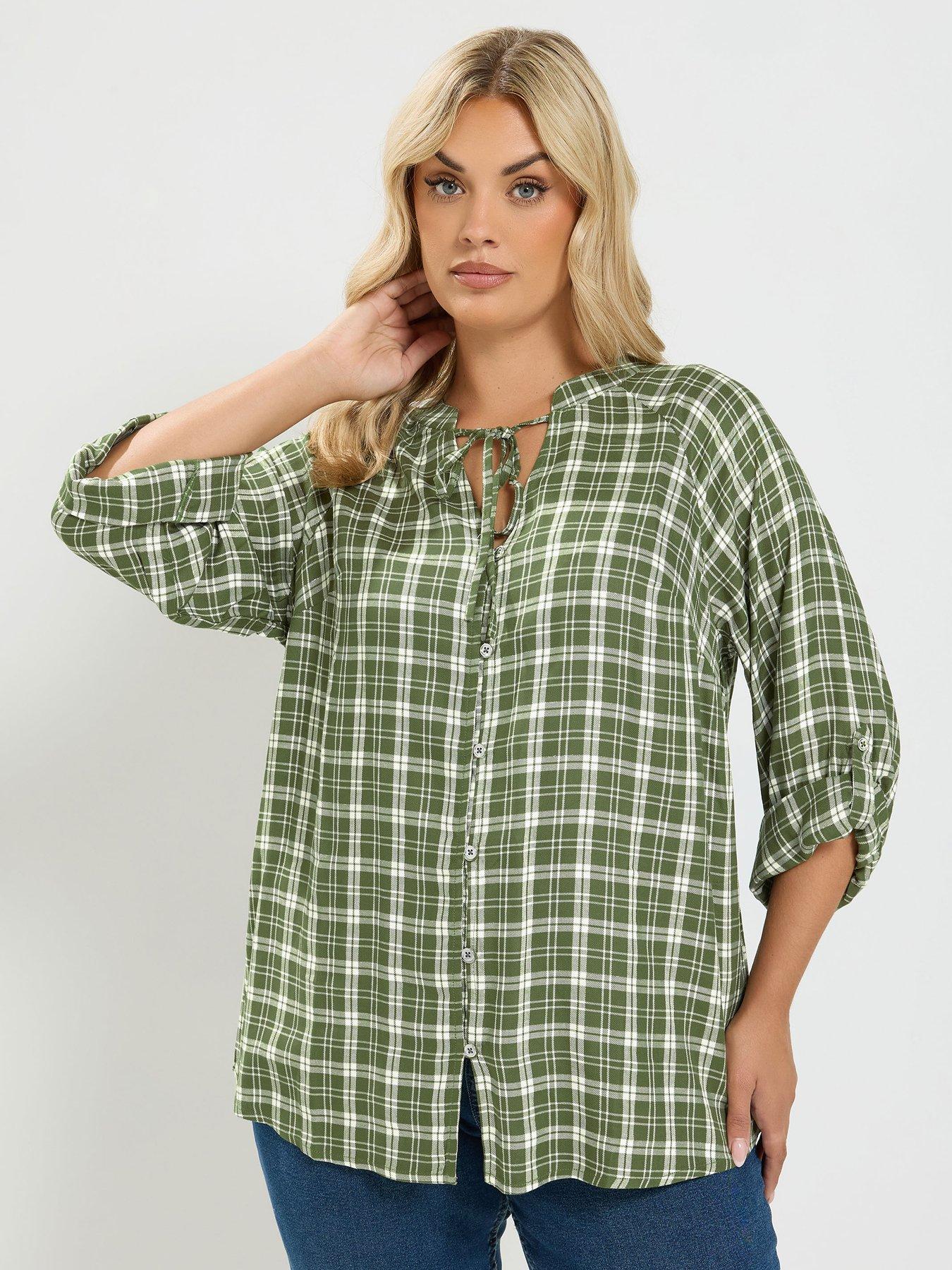 Image 1 of 4 of Yours Curve Check Button Thru Tie Top - Green