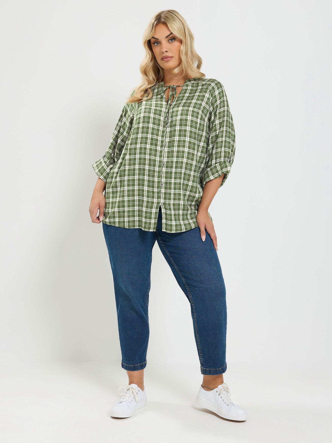 Image 3 of 4 of Yours Curve Check Button Thru Tie Top - Green