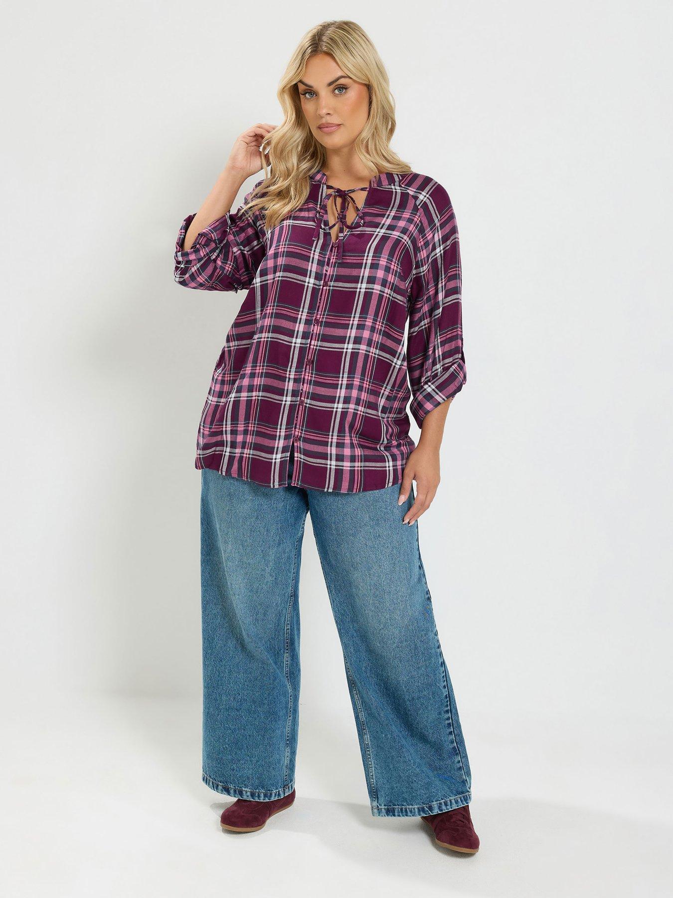 Image 3 of 4 of Yours Curve Check Button Through&nbsp;Tie Top - Pink