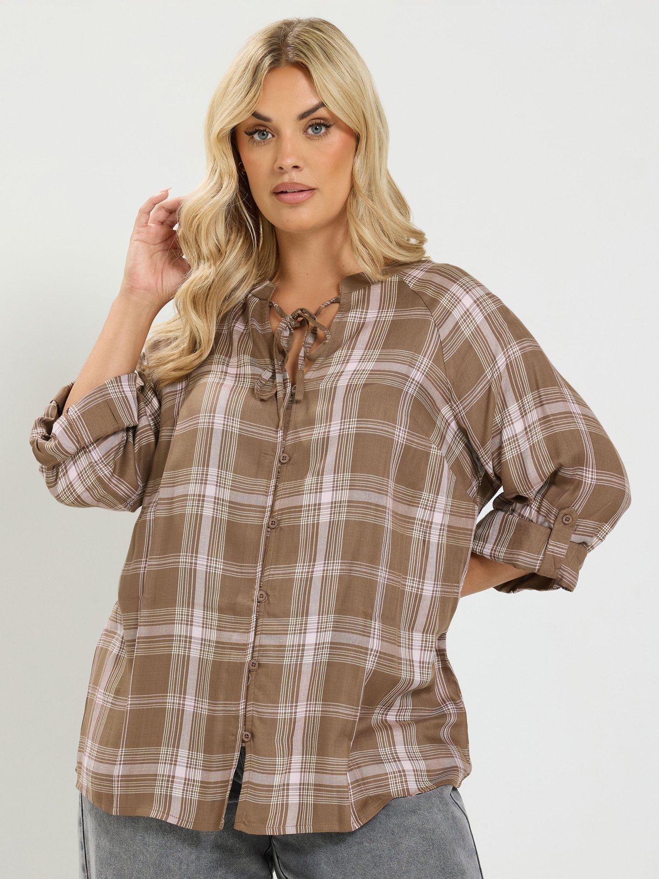 Image 1 of 4 of Yours Curve Check Button Through&nbsp;Tie Top - Brown