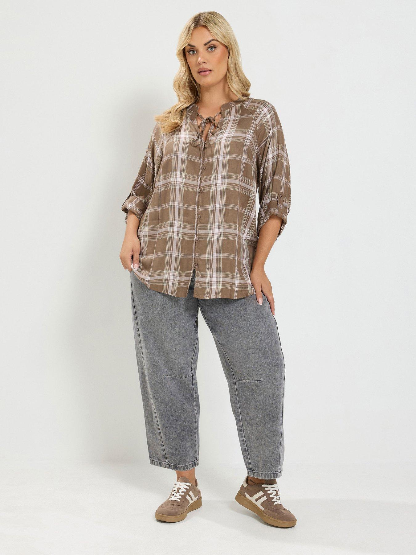 Image 3 of 4 of Yours Curve Check Button Through&nbsp;Tie Top - Brown