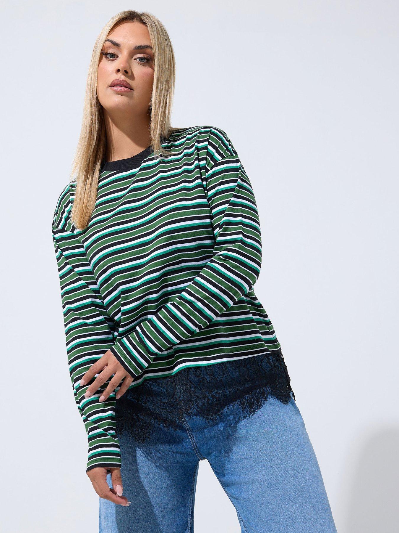 Image 1 of 4 of Yours Curve Stripe Long Sleeve Lace Hem Top - Green
