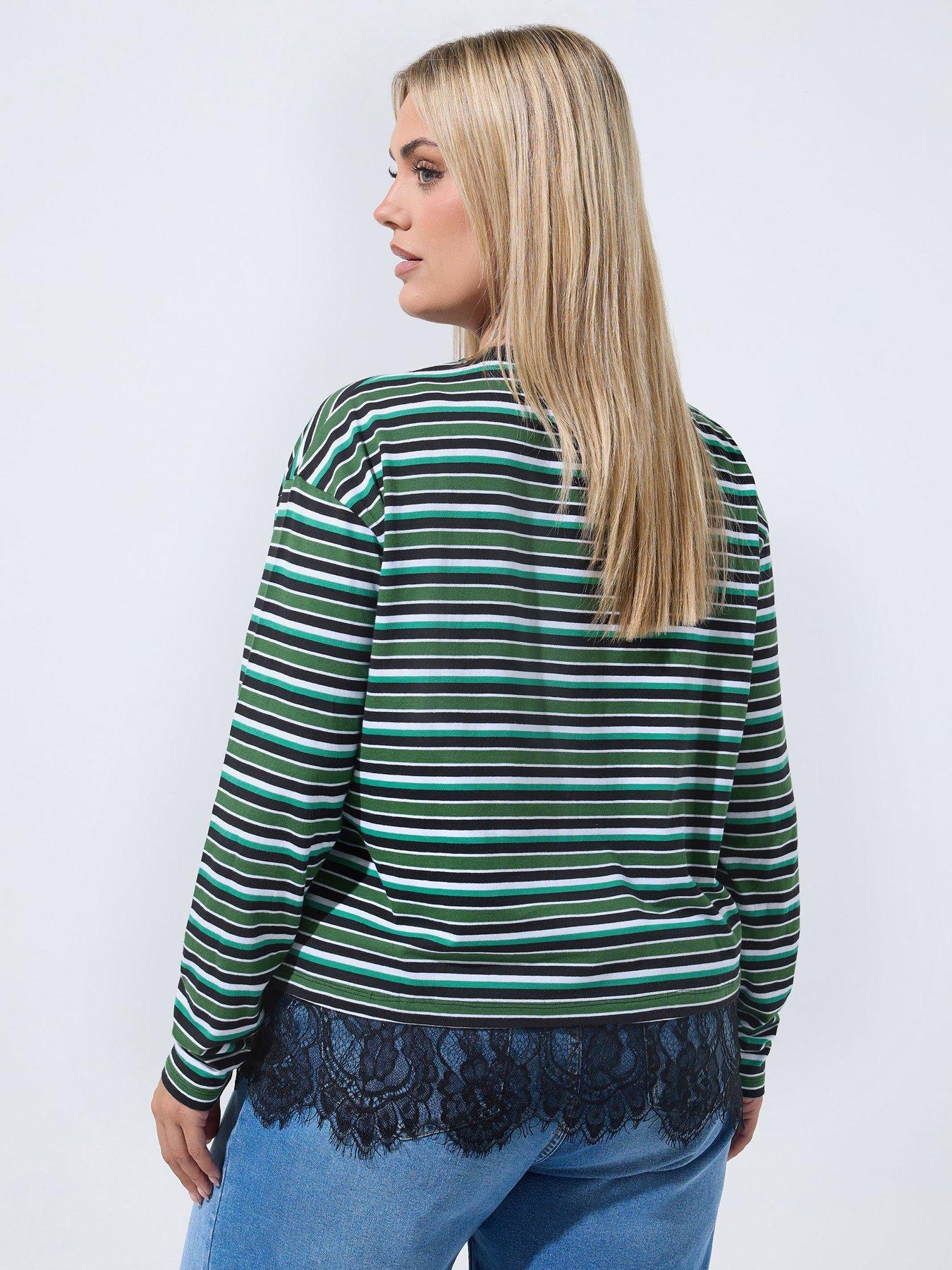 Image 2 of 4 of Yours Curve Stripe Long Sleeve Lace Hem Top - Green