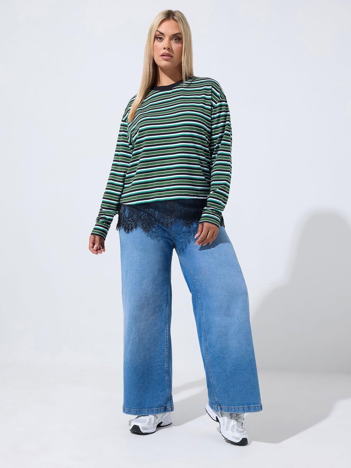 Image 3 of 4 of Yours Curve Stripe Long Sleeve Lace Hem Top - Green