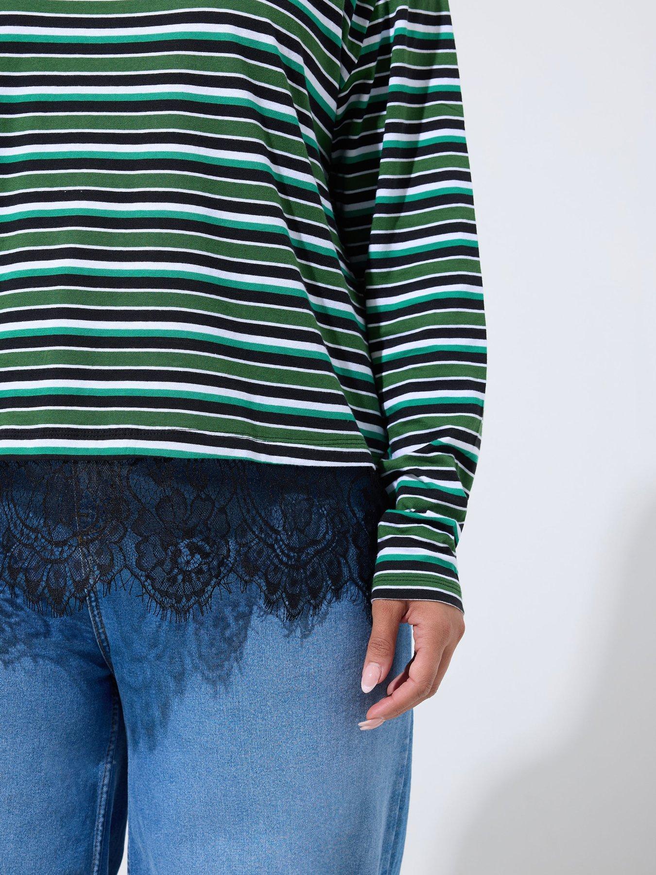 Image 4 of 4 of Yours Curve Stripe Long Sleeve Lace Hem Top - Green
