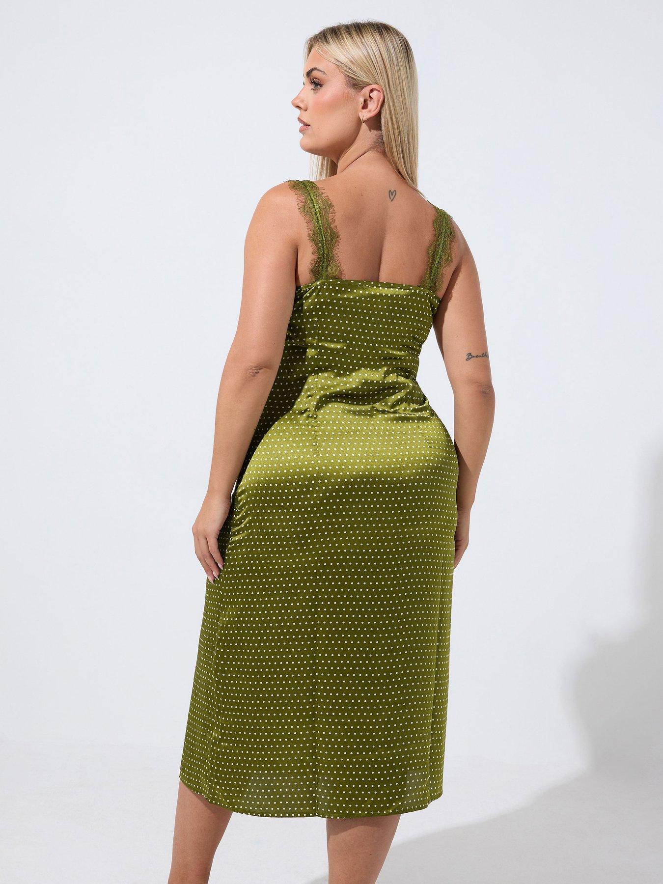 Image 2 of 4 of Yours Womens Curve Polka Dot Lace Strap Midi Dress - Green