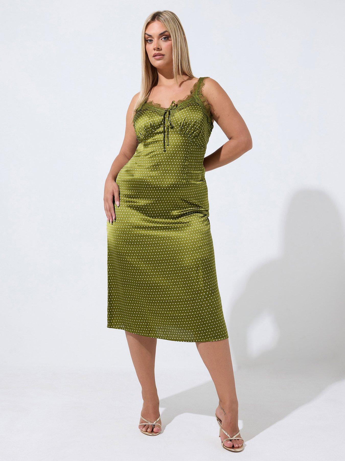 Image 3 of 4 of Yours Womens Curve Polka Dot Lace Strap Midi Dress - Green