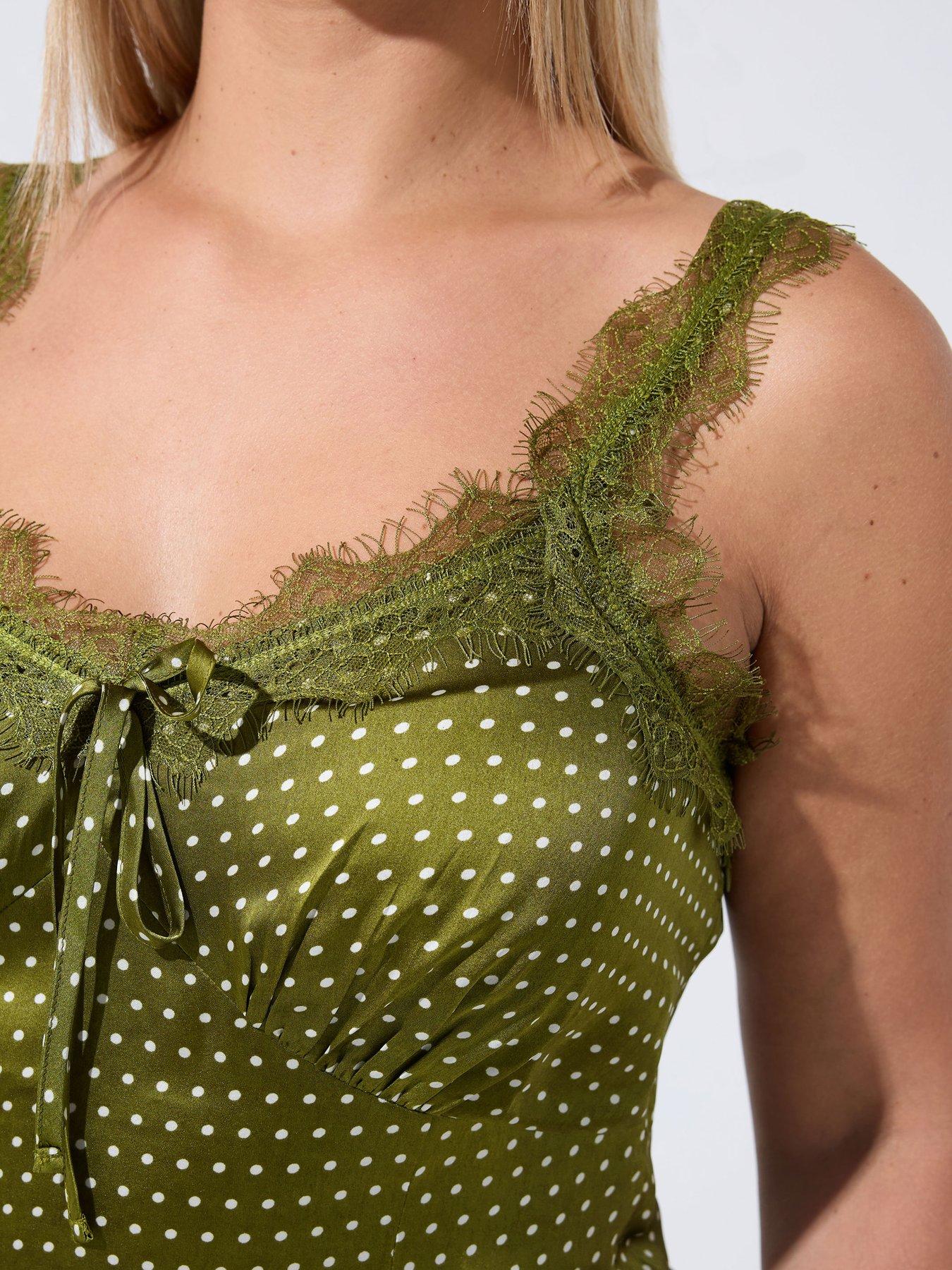 Image 4 of 4 of Yours Womens Curve Polka Dot Lace Strap Midi Dress - Green